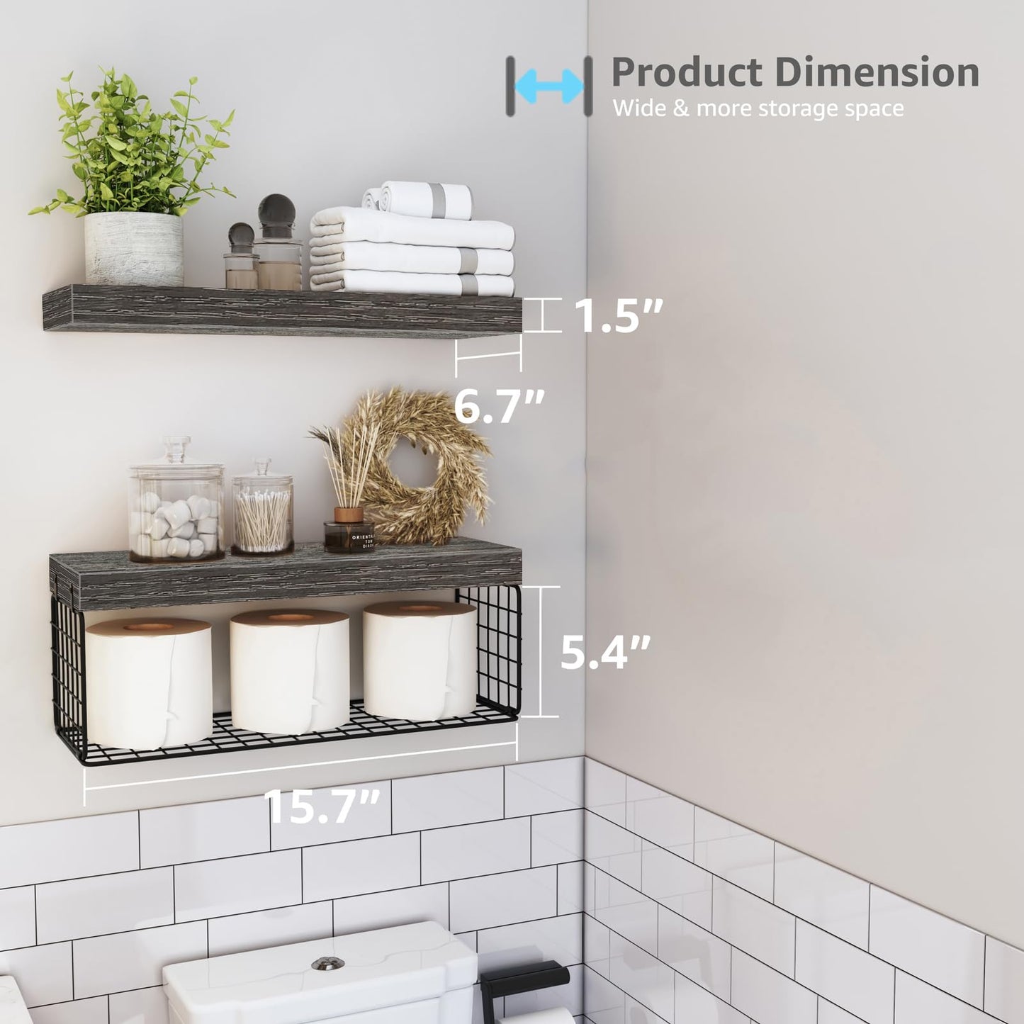 QEEIG Bathroom Shelves Over Toilet - Wall Mounted Floating Shelves Toilet Paper Storage Small Farmhouse Decor Shelf 16 inch Set of 2, Grey (019-GY2)
