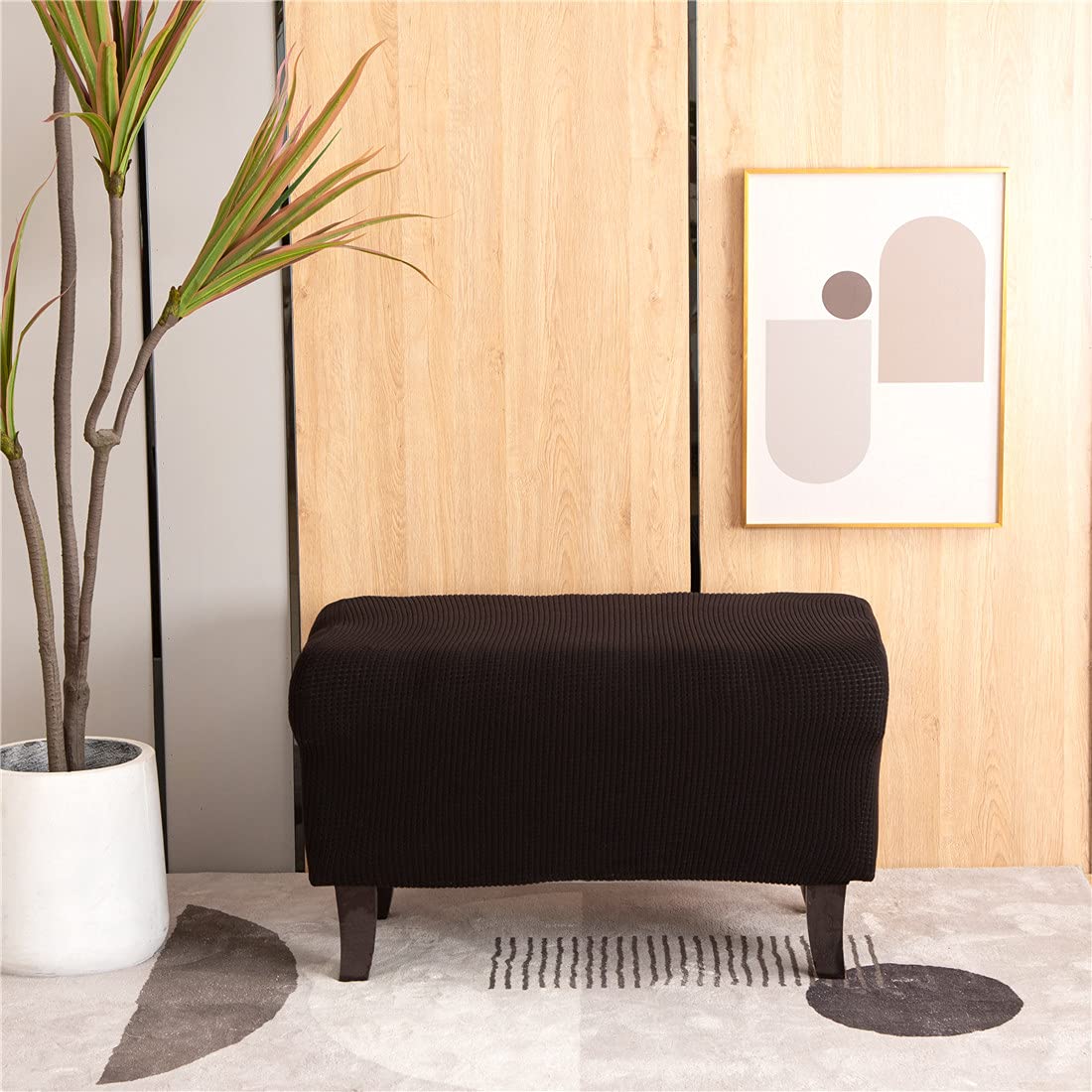 Cornasee Stretch Ottoman Cover Rectangle,Footstool Slipcover Storage Stool Furniture Protector Modern Style (Black,Small)