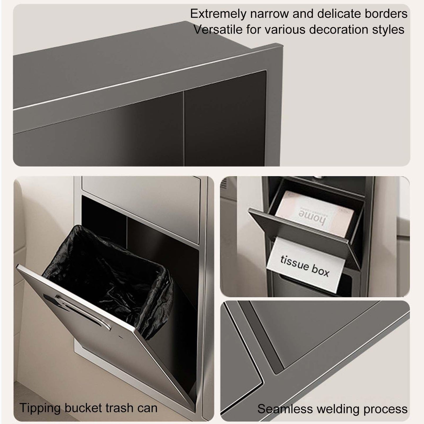 Wall Mounted Hidden Trash Can Cabinet, Stainless Steel Waterproof Tissue Box, Decorative Shelf Niche for Bathroom, Space-Saving Black Organizer, Stylish Waste Bin Solution