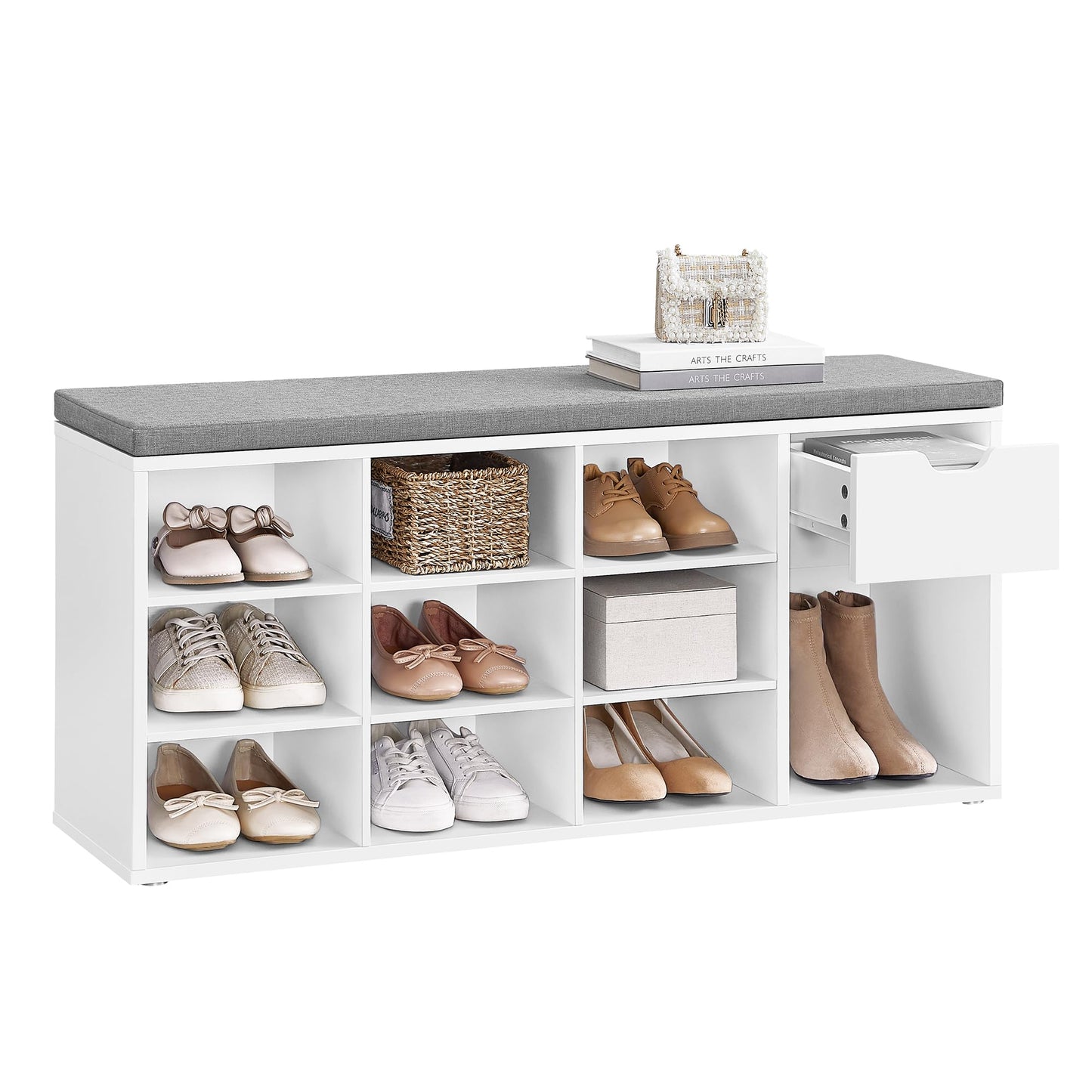VASAGLE CUSTOS Collection - Storage Bench, Entryway Bench with Cushion, Drawer and Open Compartments, Bench with Storage, Living Room, Bedroom, Closet, White and Gray ULHS24WT