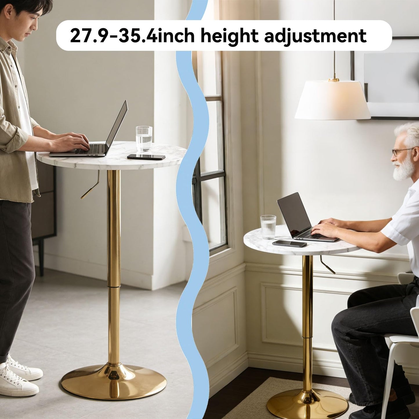 YHGSYXL Round Bar Table Gold Metal Base Height Adjustable 27.9"-35.4"