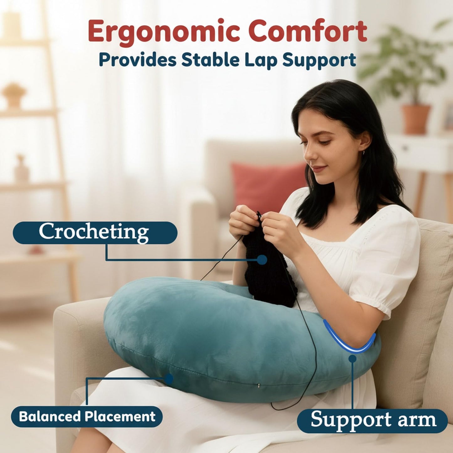 Foxeeey Crochet Pillow for Lap Support, with Arm & Elbow Support U-Shaped Gaming Pillow for Working, Reading, Laptop and Crocheting (Green)