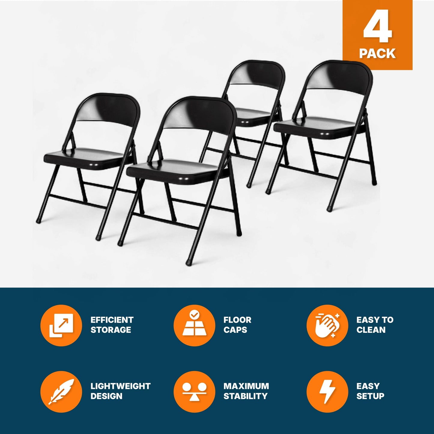 OEF Furnishings OEF900 Series Premium Lightweight All-Steel Folding Chairs (4-Pack, Black)