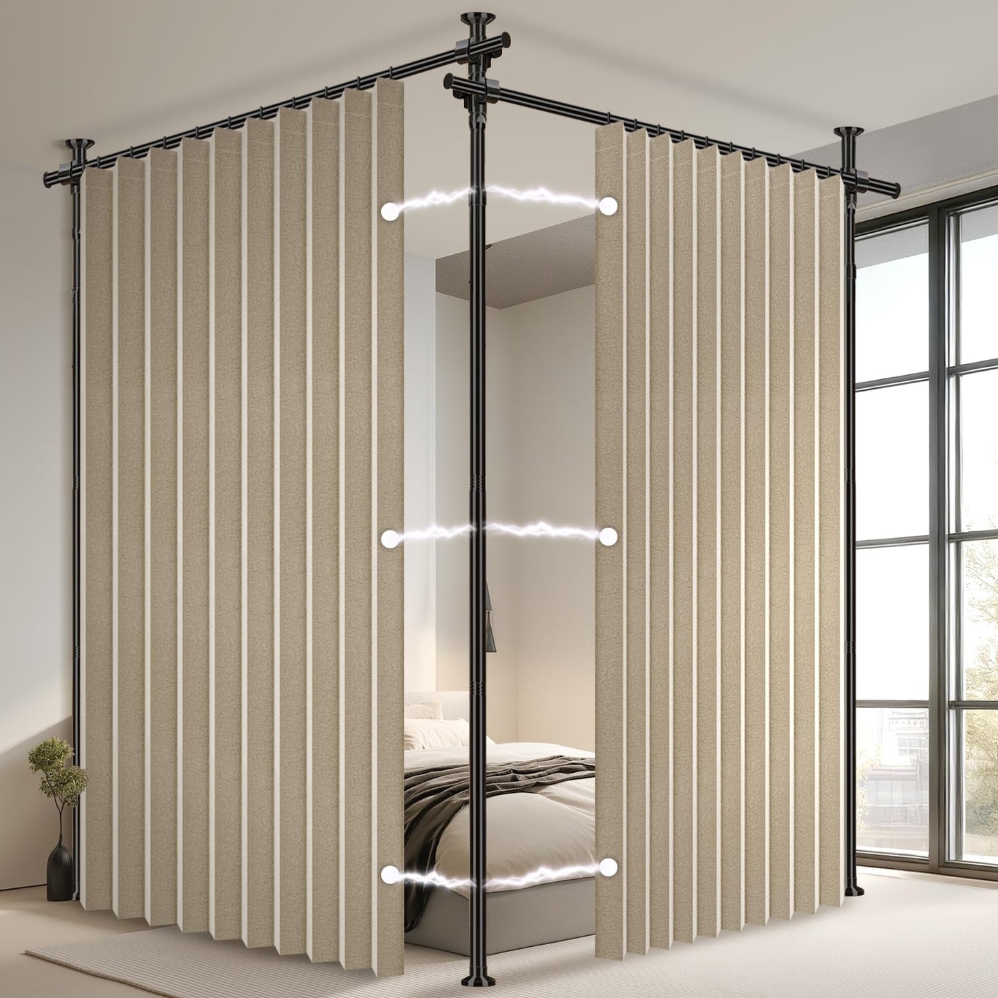 100% Blackout Room Divider Curtains Sets Beige 2 Panels W100 x L84in No Drill Curtain Rods(H) 43-120×(W) 35-200 in for Studio Apartment Dorm Office