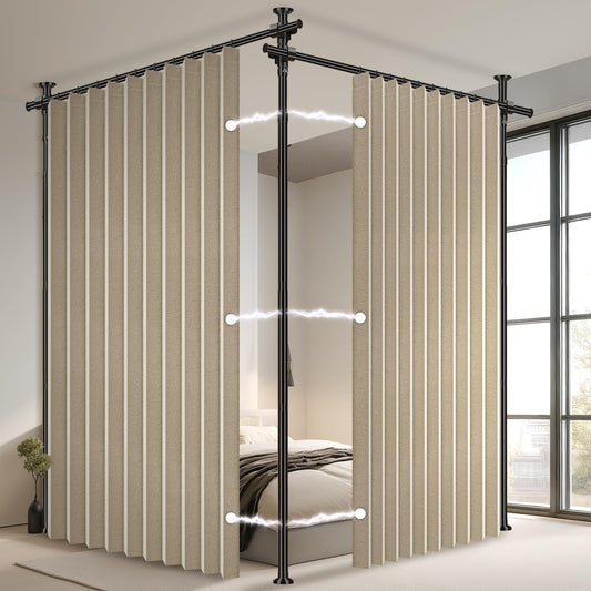 100% Blackout Room Divider Curtains Sets Beige 2 Panels W100 x L84in No Drill Curtain Rods(H) 43-120×(W) 35-200 in for Studio Apartment Dorm Office