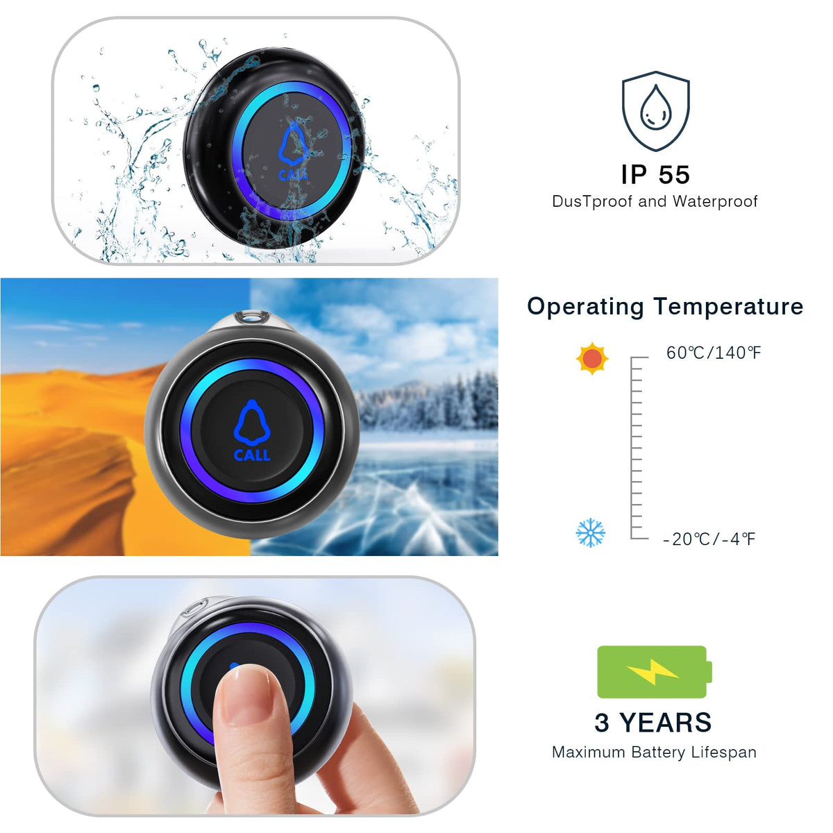 Caregiver Pager, Wireless Call Button for Seniors/Elderly at Home, 3 SOS Buttons + 2 Receivers Medical Life Alert System, Emergency Panic Call Bell, Nurse Calling & Patient Assistance Alarm