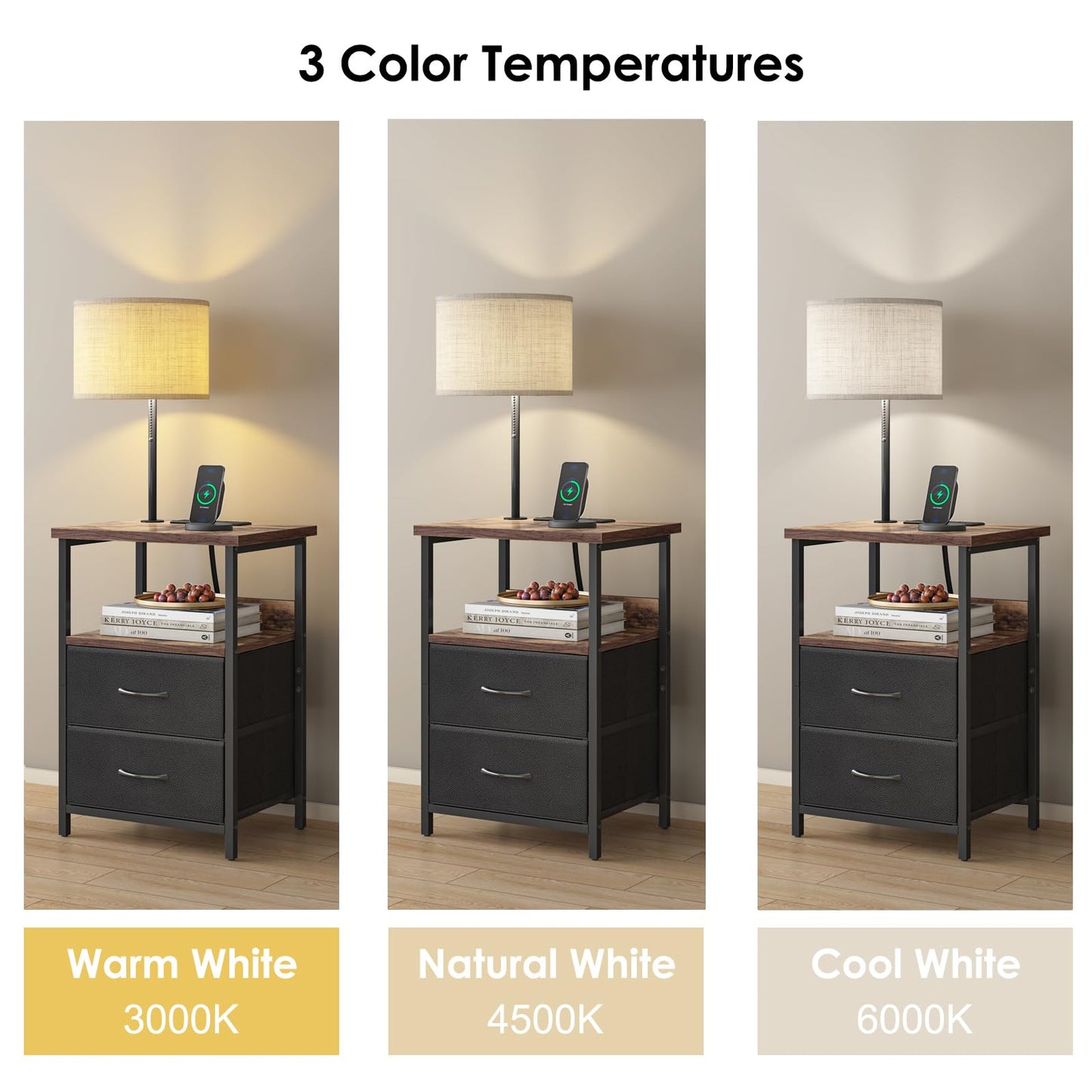 Fixwal Bedside Table with 3 Color Temperature Reading Light, Nightstand with LED Light & Charging Station End Table with Adjustable Fabric Drawer for Bedroom, Dorm, Rustic Brown