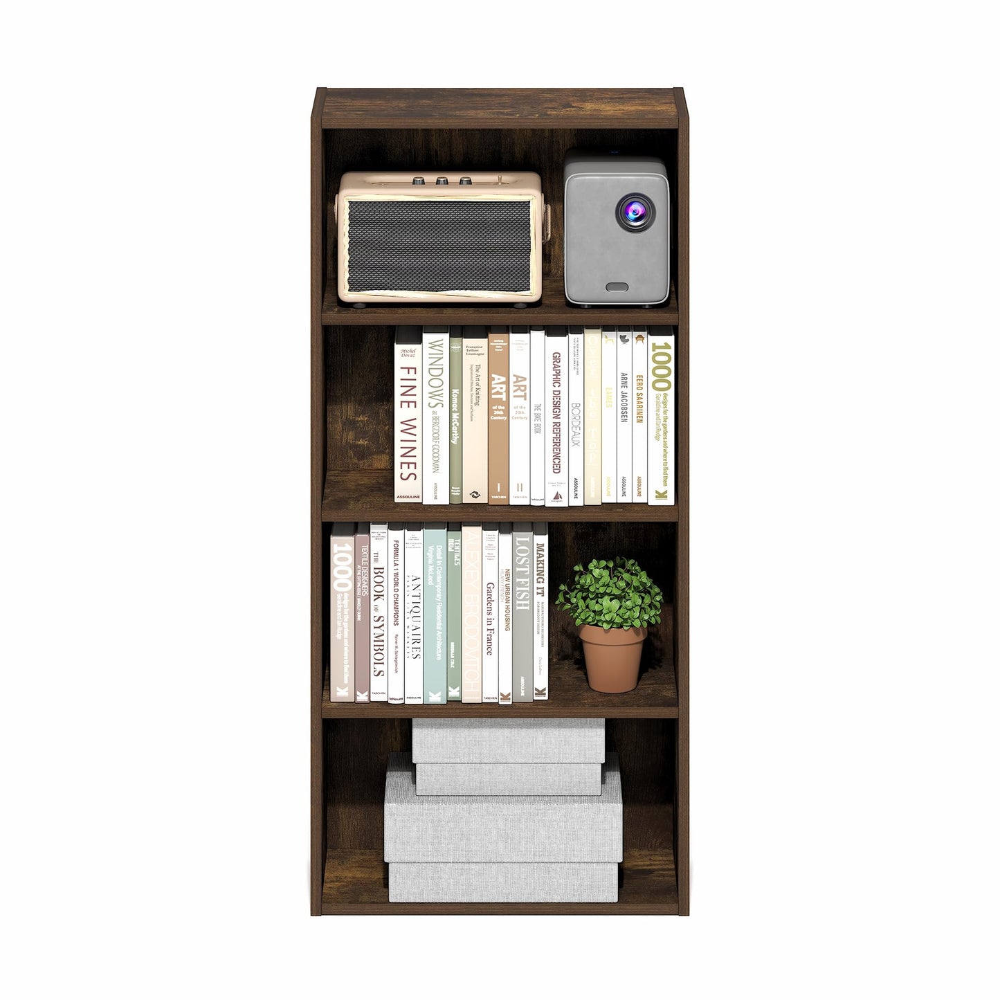 Furinno Basic Book Shelf, 4-Tier Bookcase with Open Shelf, Bookshelf, Cube Storage Organizer, 7 x 17 x 35, for Living Room, Bedroom, Home Office, Amber Pine