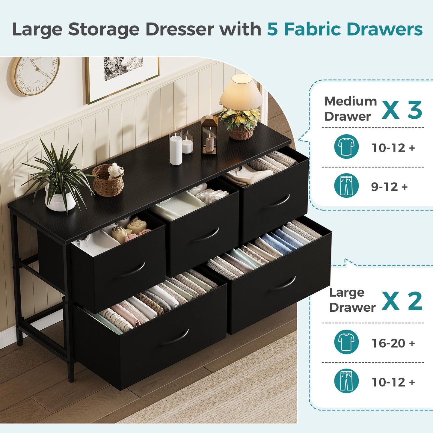 OLIXIS 5 Drawer Dresser for Bedroom, Closet Chest Organizer Furniture, TV Stand for Living Room Hallway, Wide Fabric Storage Tower with Wooden Top and Metal Frame, Black