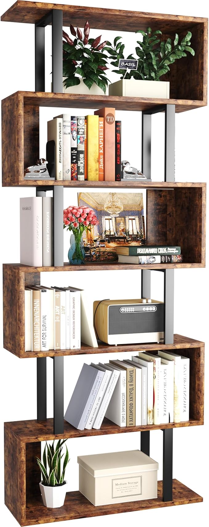 Yusong Geometric Bookcase, S Shaped Bookshelf 6-Tier Book Shelves
