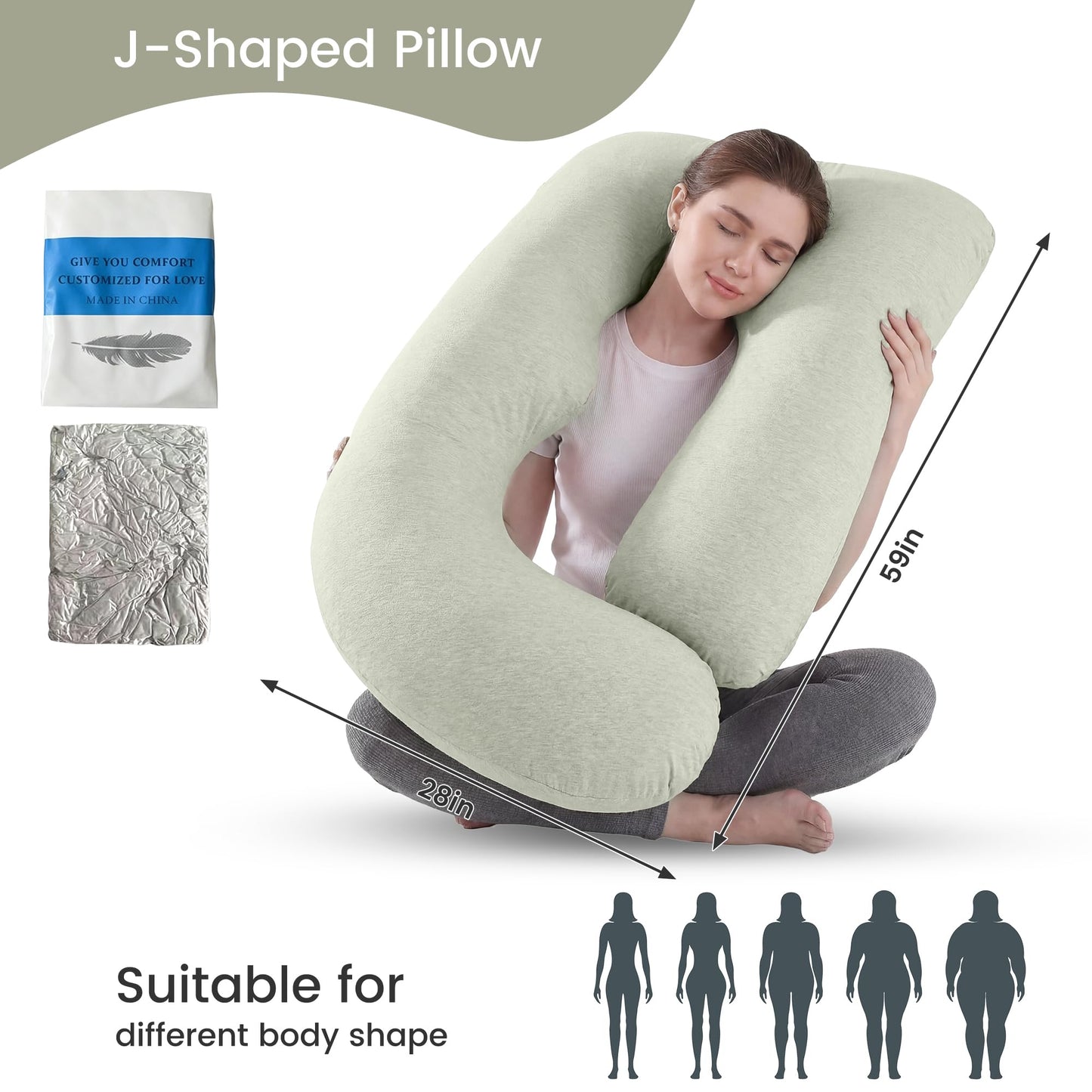 Jcickt Pregnancy Pillow for Sleeping,59 inch Maternity Pillow with Removable Washable Cover,J-Shaped Cooling Full Body Pregnant Pillow -Support for Backs,Legs, Belly, HIPS, Improve Sleep -Pea Green
