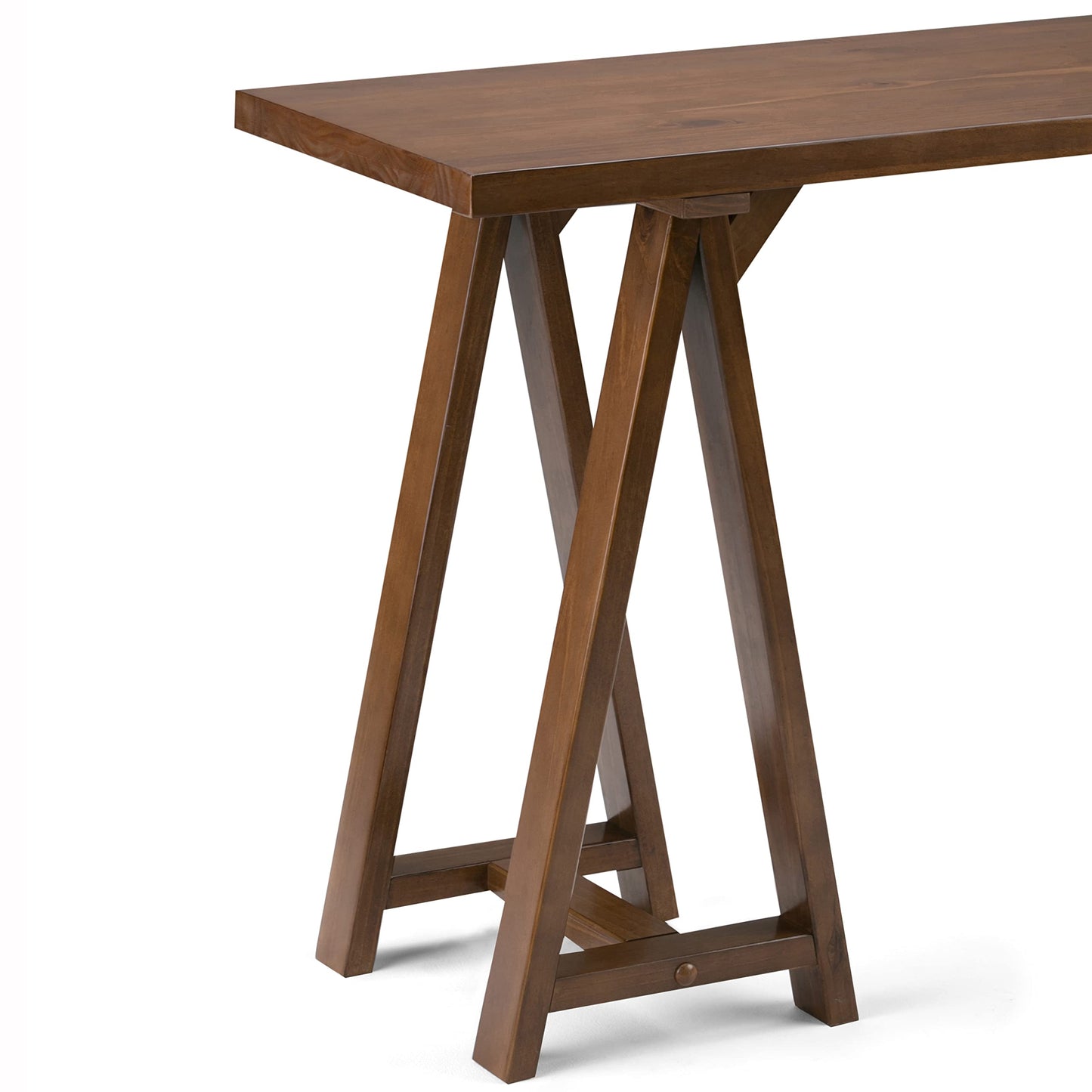 SIMPLIHOME Sawhorse Console Table - 50 Inch Wide Solid Wood Sofa Table in Medium Saddle Brown, Modern Industrial Entryway Table for Living Room with Extra Thick Top and Sawhorse Legs
