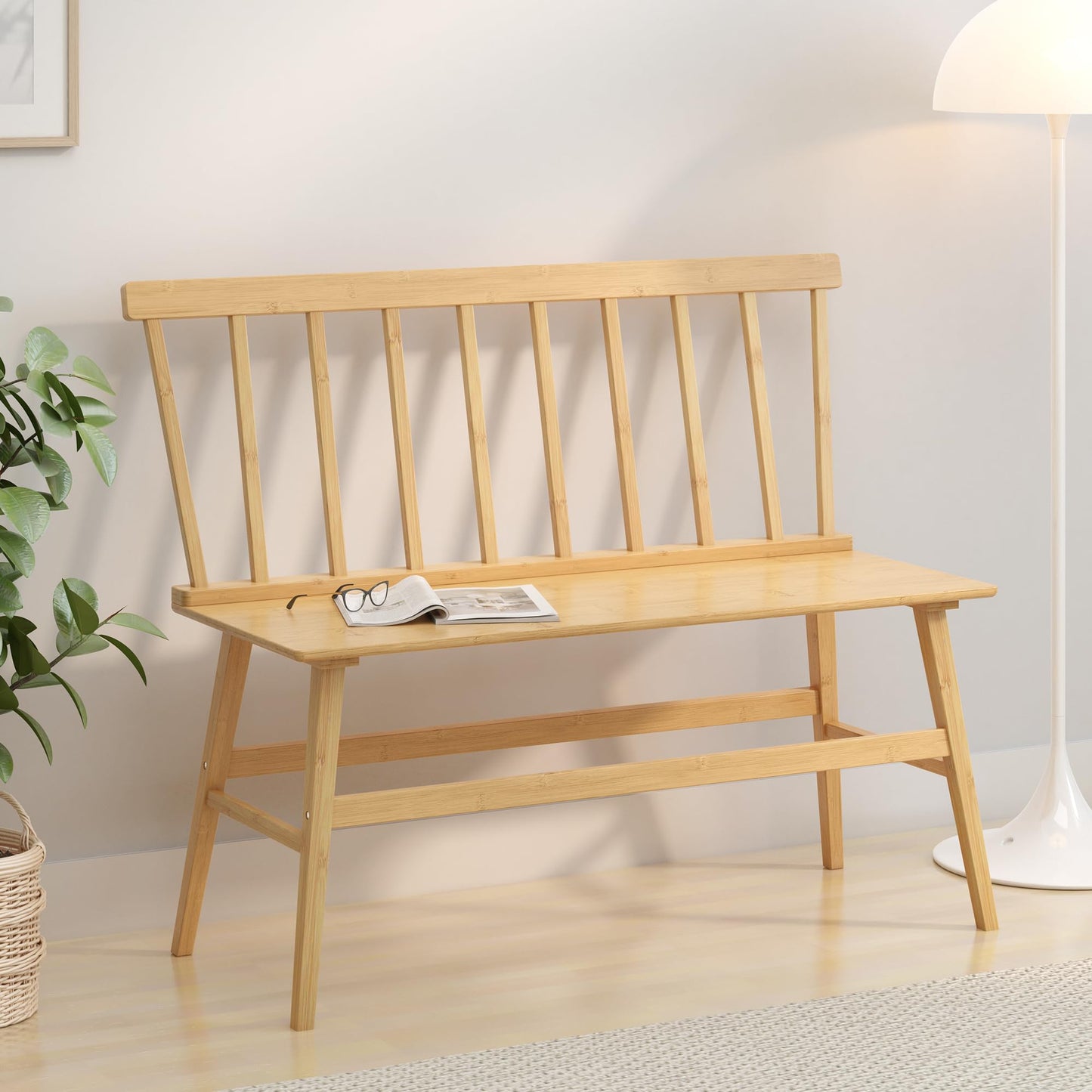 Wisuce Essentials Bamboo Dining Bench, Entryway Bench with Spindle Back Farmhouse Wood Windsor for Foyer Balcony Living Room (Nature)