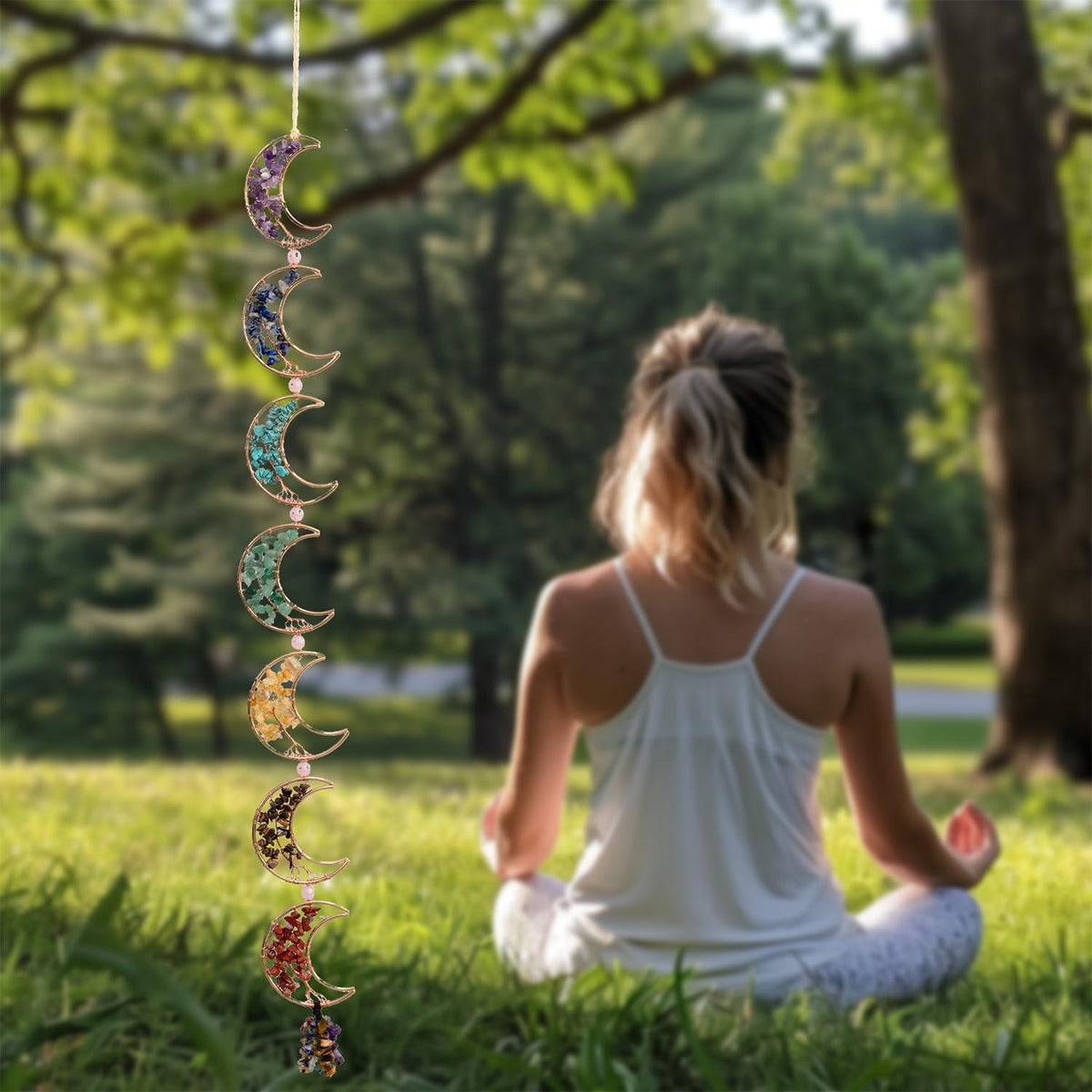 7 Chakra Healing Crystals Hanging Ornament，Handmade Tree of Life Chakra Stones Moon Natrual Gemstones Wall Hanging Ornaments for Home Decor Yoga Meditation(7 Moon Crystal Tree)