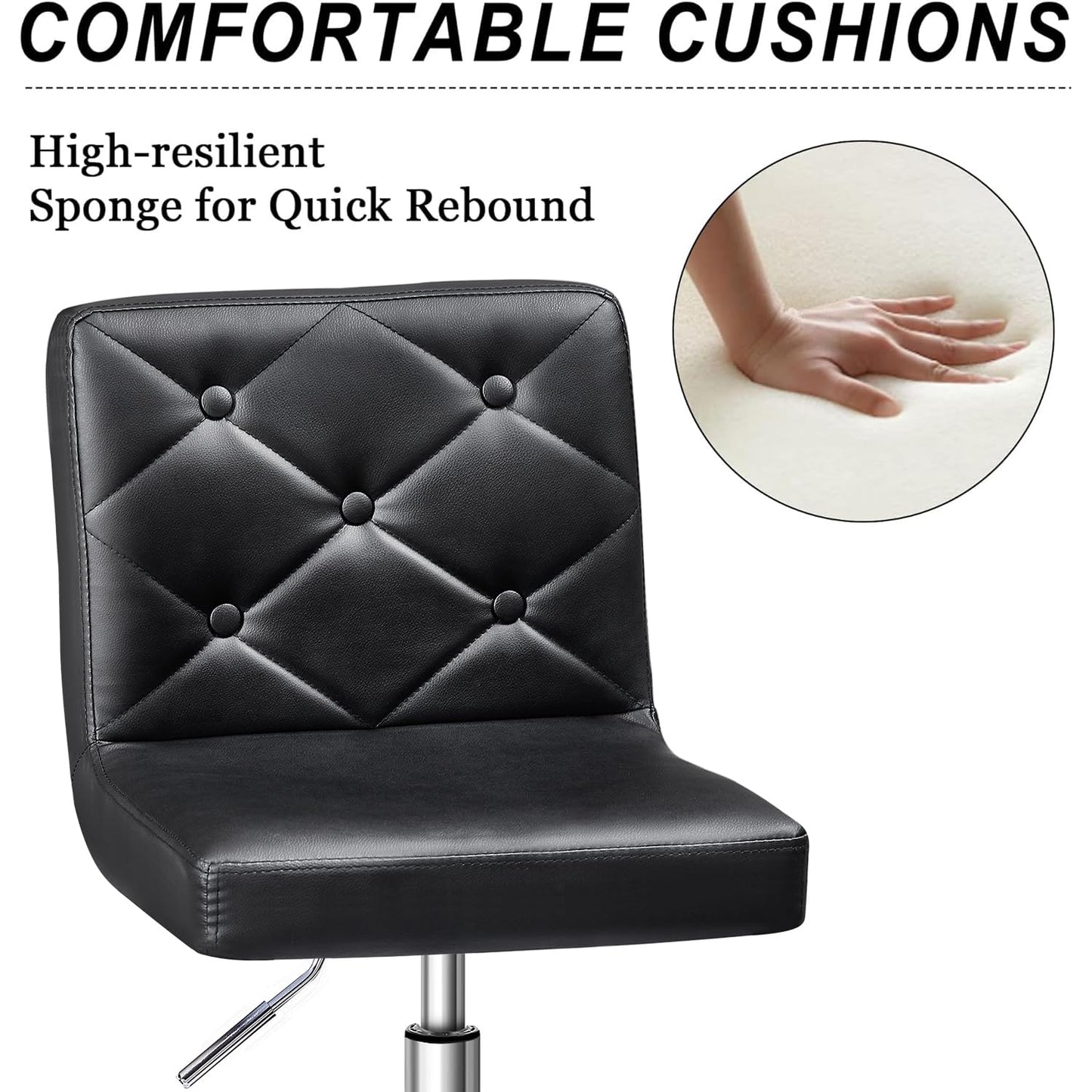 VECELO PU Leather Mid-Back Armless Vanity Chair Adjustable Height 360° Rolling Swivel for Home Office Work