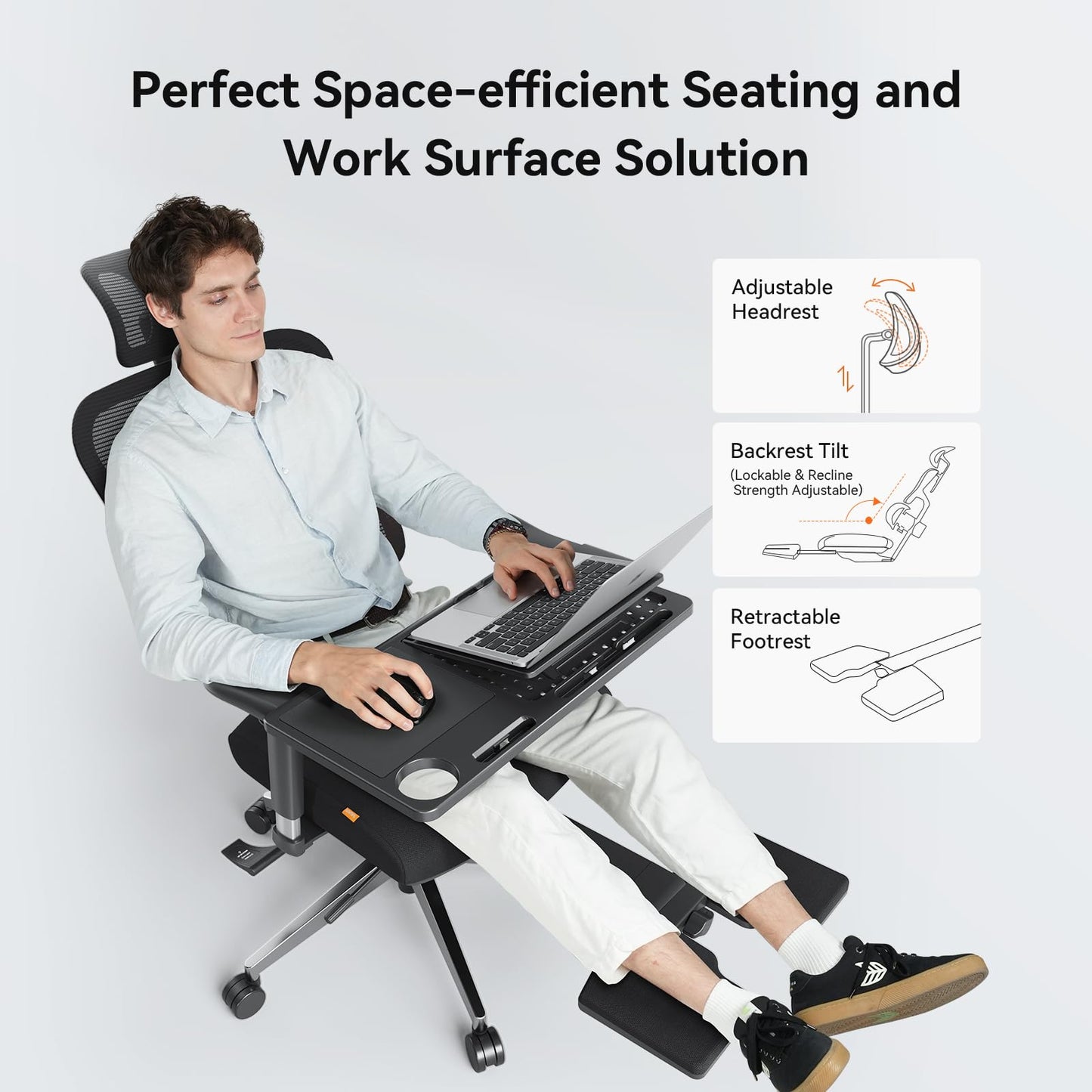 Newtral Ergonomic Office Chair - Home Office Desk Chair with Auto-Following Lumbar Support, 4D Armrest, Seat Depth and Height Adjustable (Black, Footrest + Laptop Tray)