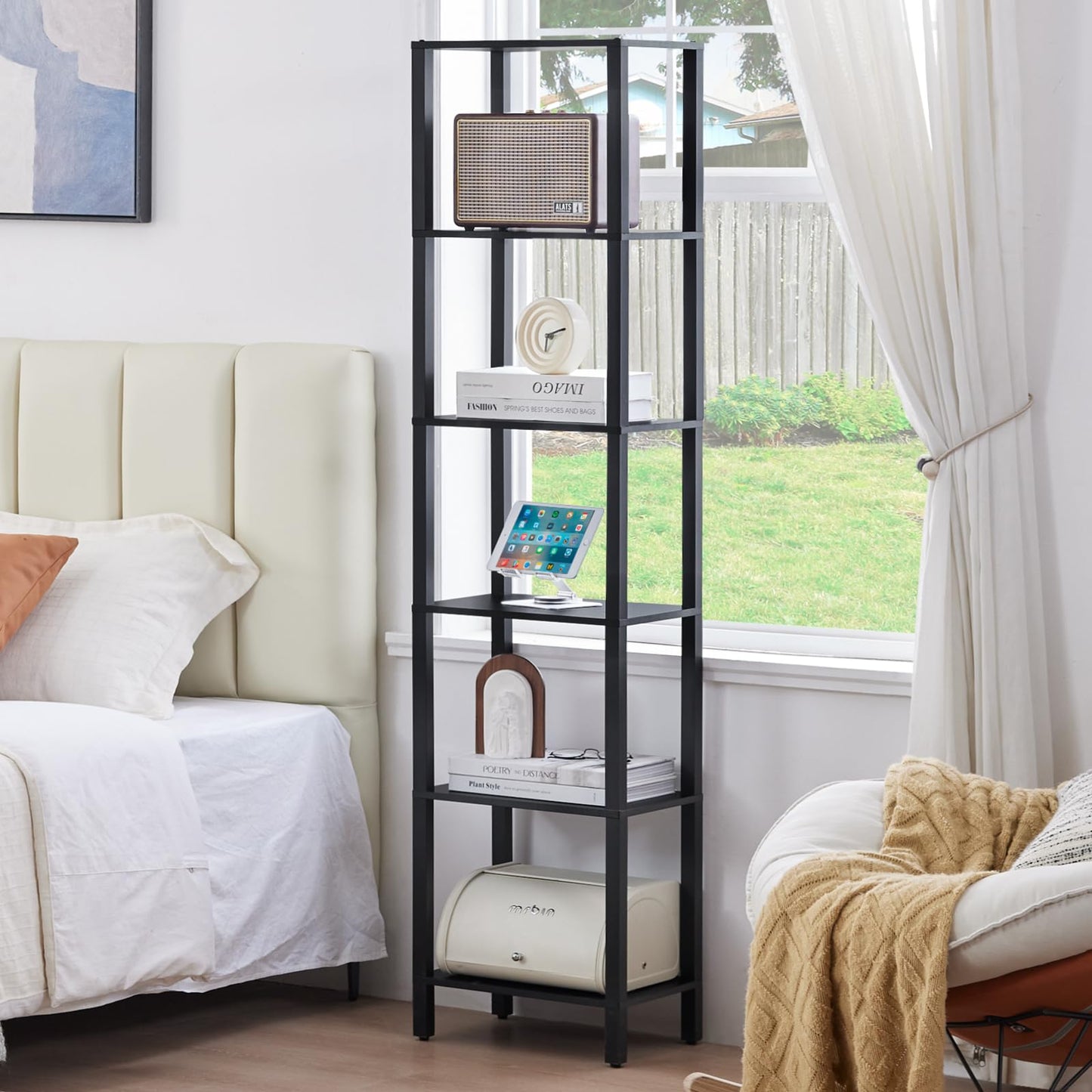 YUFAM 66in Tall Bookshelf 6-Tier Small Narrow Bookcase, Skinny Book Shelf for Small Space, Farmhouse Slim Shelf with Storage, Wood Freestanding Display Thin Bookshelves for Living Room, Office, Black