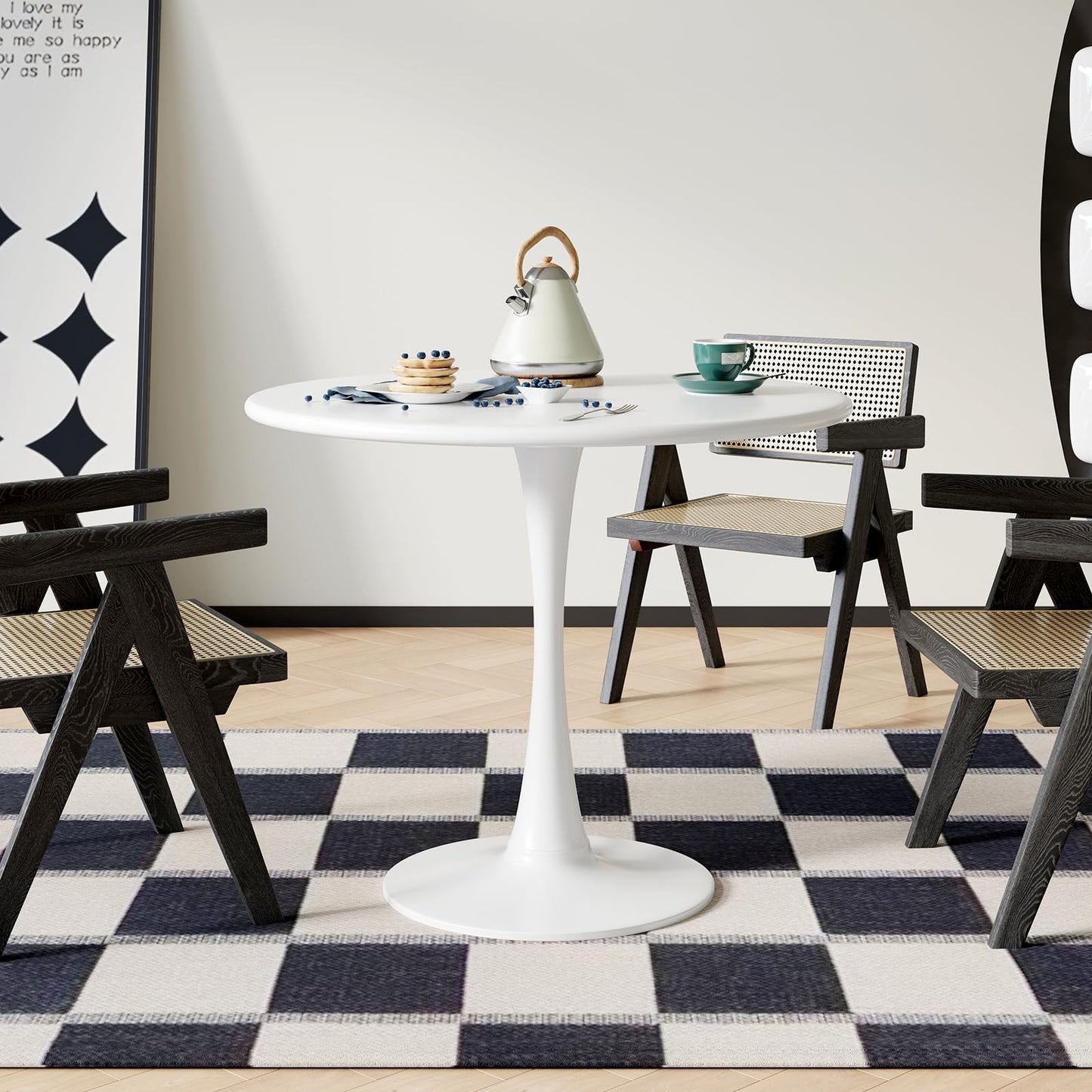 White Round Dining Table for 2 Person, 24 Inch Small Tulip Table with Pedestal for Living Room, Mid Century Modern Kitchen Tables for Office, Bistro, Pub, Bar, Wood Circle Cafe Tables,mesas de comedor