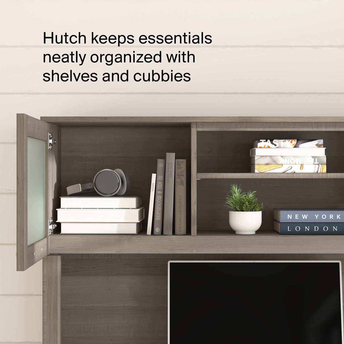 Bush Home 60-Inch Desk Hutch, Office Storage Organizer with Shelves, Cubbies and Frosted Glass Doors for Computer Desk, Home Office Furniture, Somerset Collection, Ash Gray