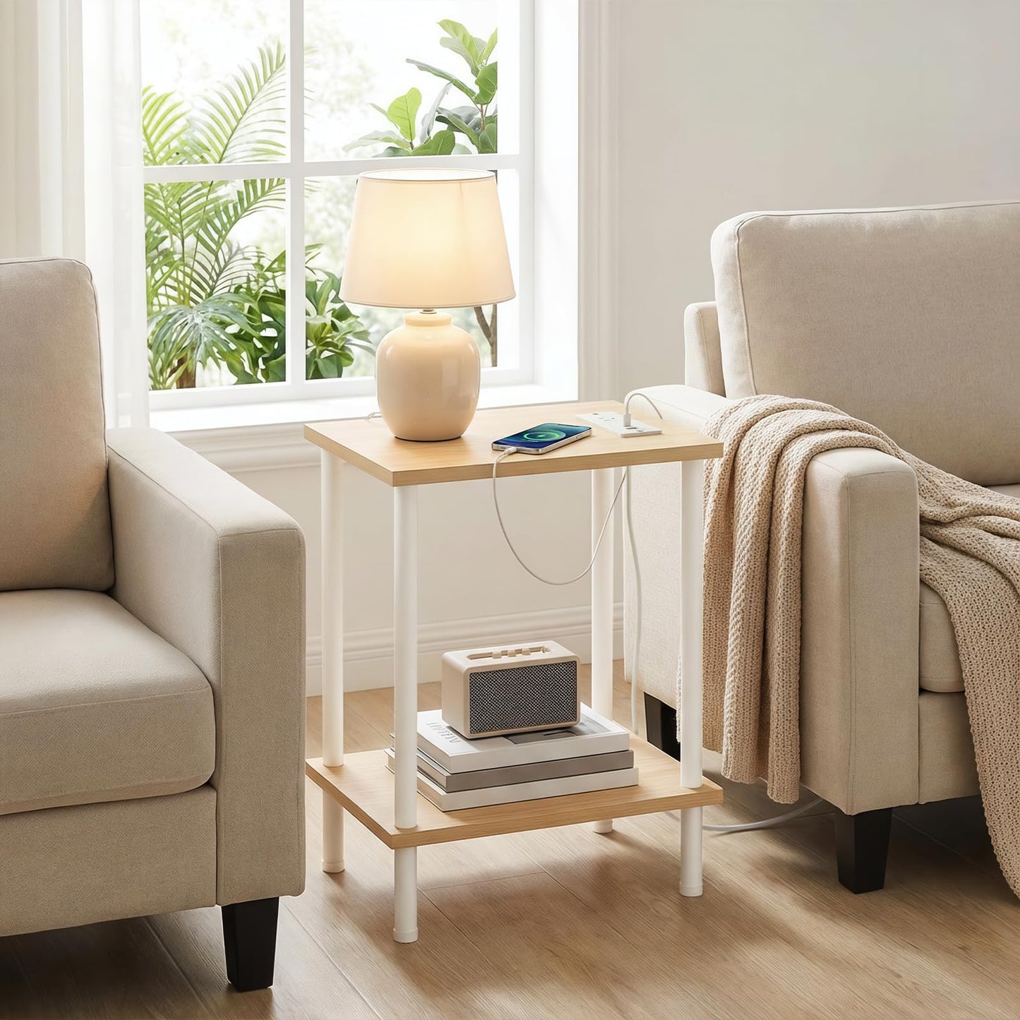 HOOBRO Side Table with Charging Station, End Table with USB Port and Outlet, Nightstand with 2-Layer Storage Shelves for Small Spaces, Living Room, Bedroom, Stable Frame, Natural and White WN09UBZ01