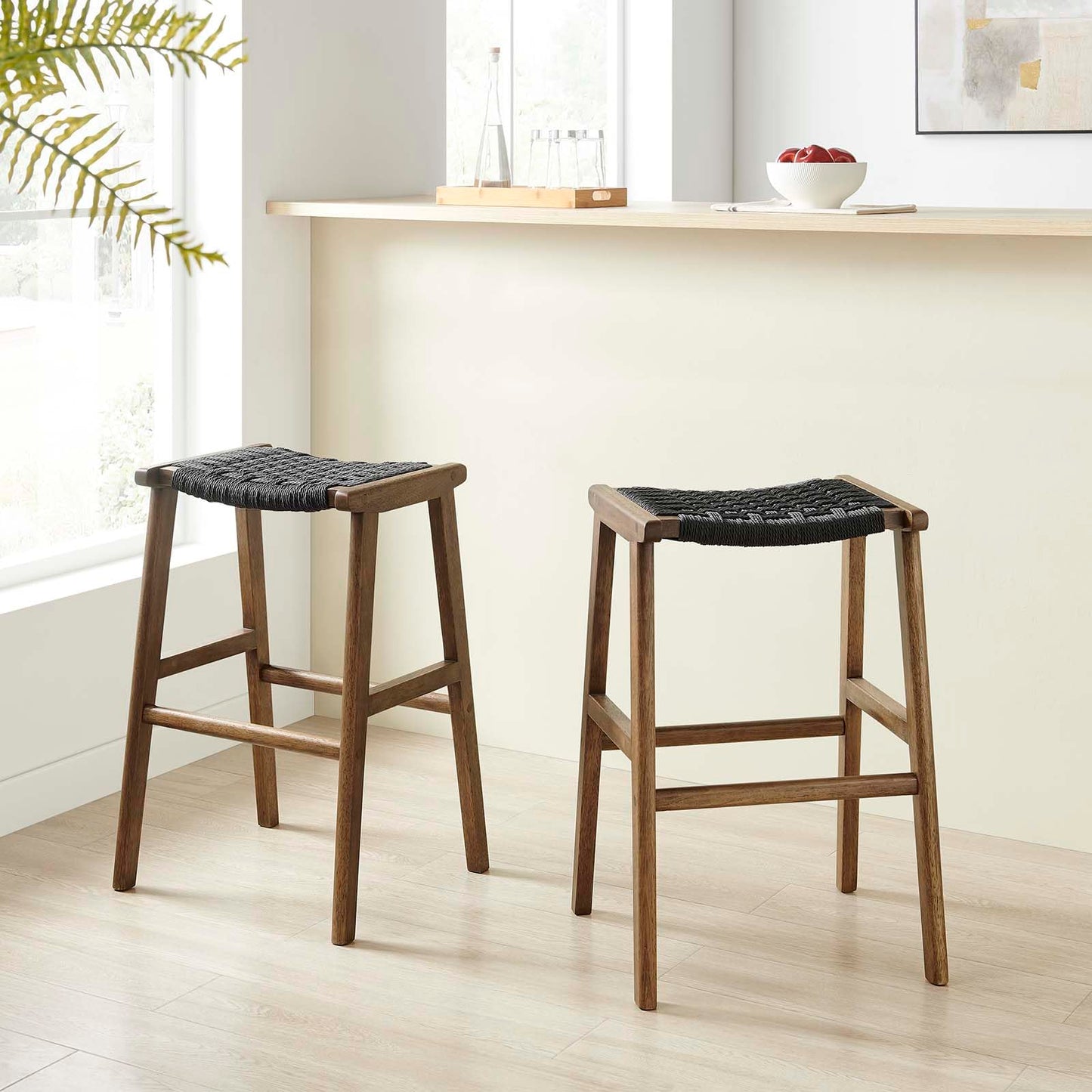 Modway Saoirse Woven Rope Wood Bar Stool - Set of 2 in Walnut Black