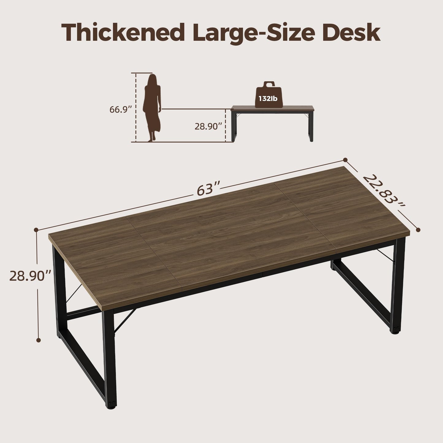 Mericonia 63 Inch Large Computer Desk, 1" Thick Heavy Duty Industrial Office Desk, Modern Simple Study Writing Table for Home Office Bedroom Workstation, Walnut