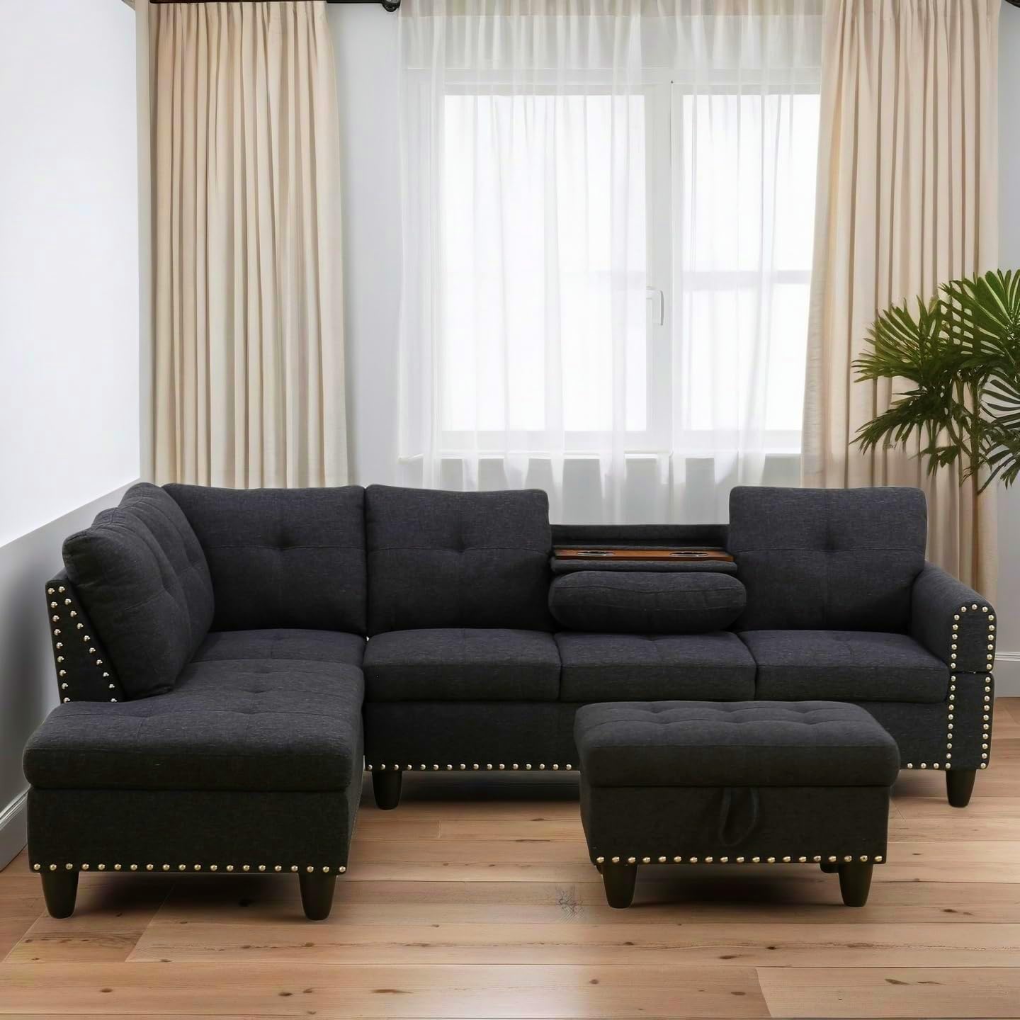 Trygoal 97.5" L Shaped Couches for Living Room, Sectional Couch Living Room Furniture with Storage Ottoman, Modular Sectional Sofa with Movable Chaise for Apartment Office, Black Grey