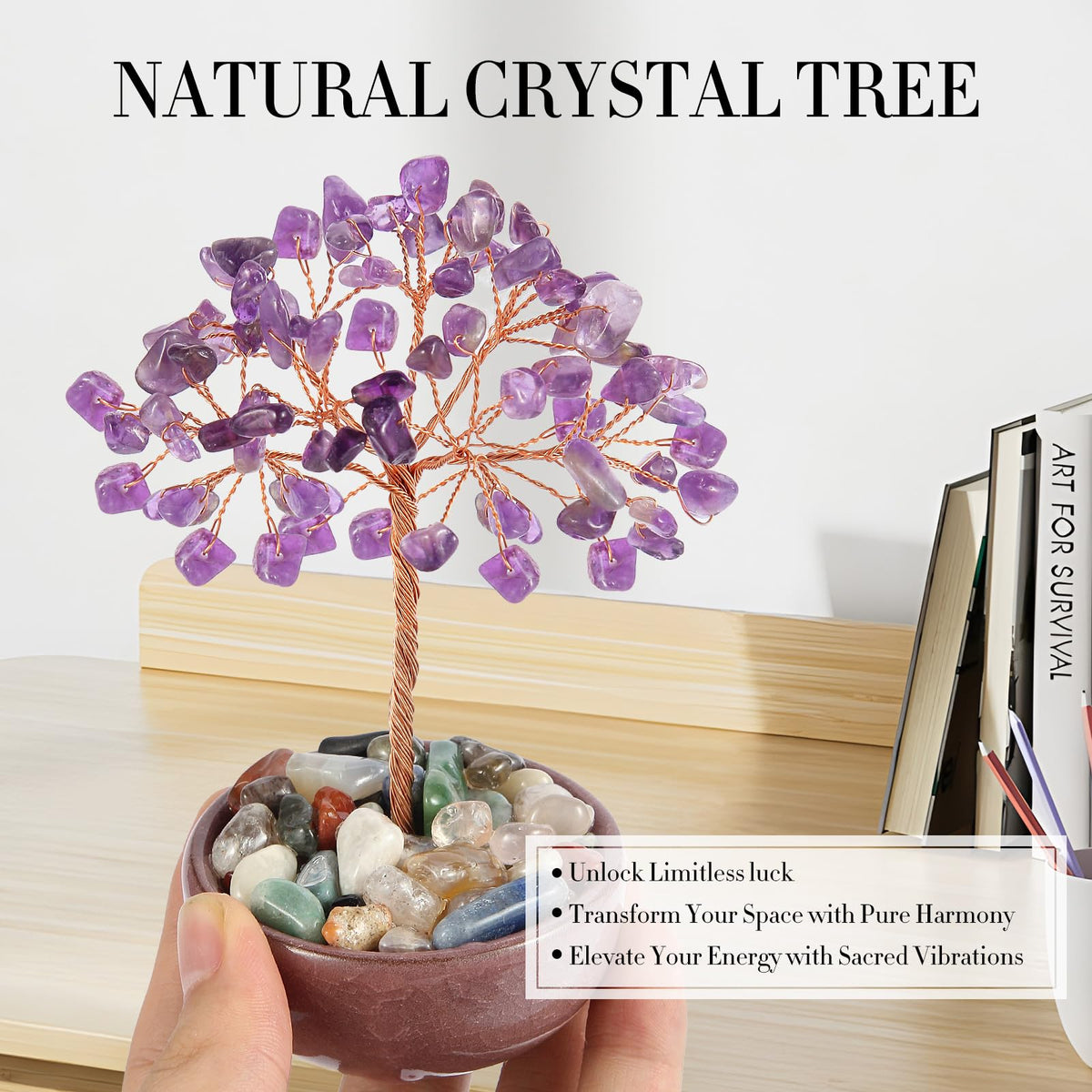 Amethyst Crystal Tree with Ceramic Base,Natural Gemstone Feng Shui Money Tree for Wealth,Good Luck & Positive Energy,Handmade 5 Inch Healing Abundance Bonsai for Home Office Decor