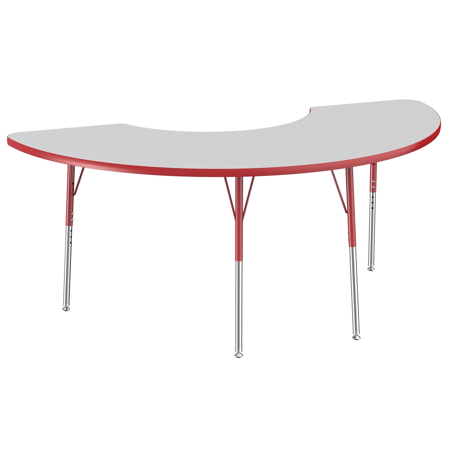 FDP Half Moon Activity School and Office Table (36 x 72 inch), Standard Legs with Swivel Glides for Collaborative Seating Environments, Adjustable Height 19-30 inches - Gray Top and Red Edge