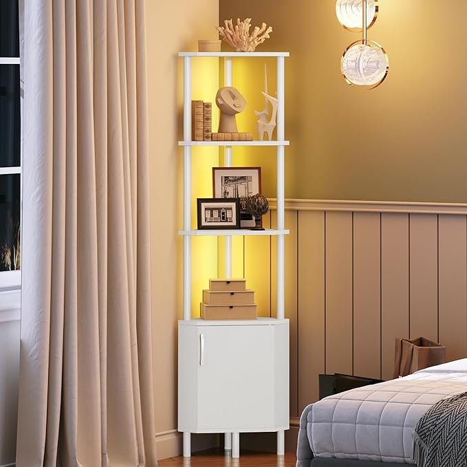 HOOBRO Corner Cabinet with LED Light, Corner Shelf Stand with Storage and Doors