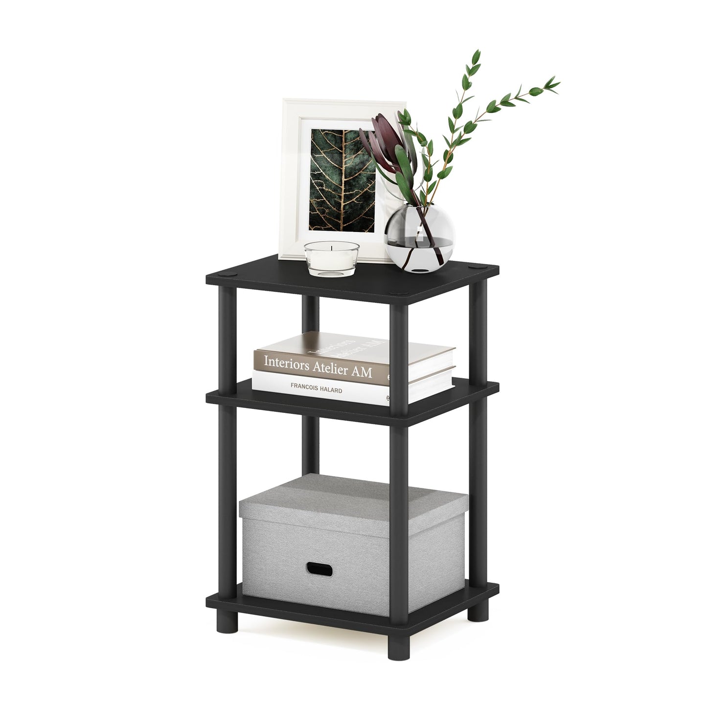 Furinno JUST Side Table, 3-Tier End Table, Open Shelves Night Stand, Bedside Table, Toolless Assembly, for Living Room, Bedroom, Bathroom, Americano