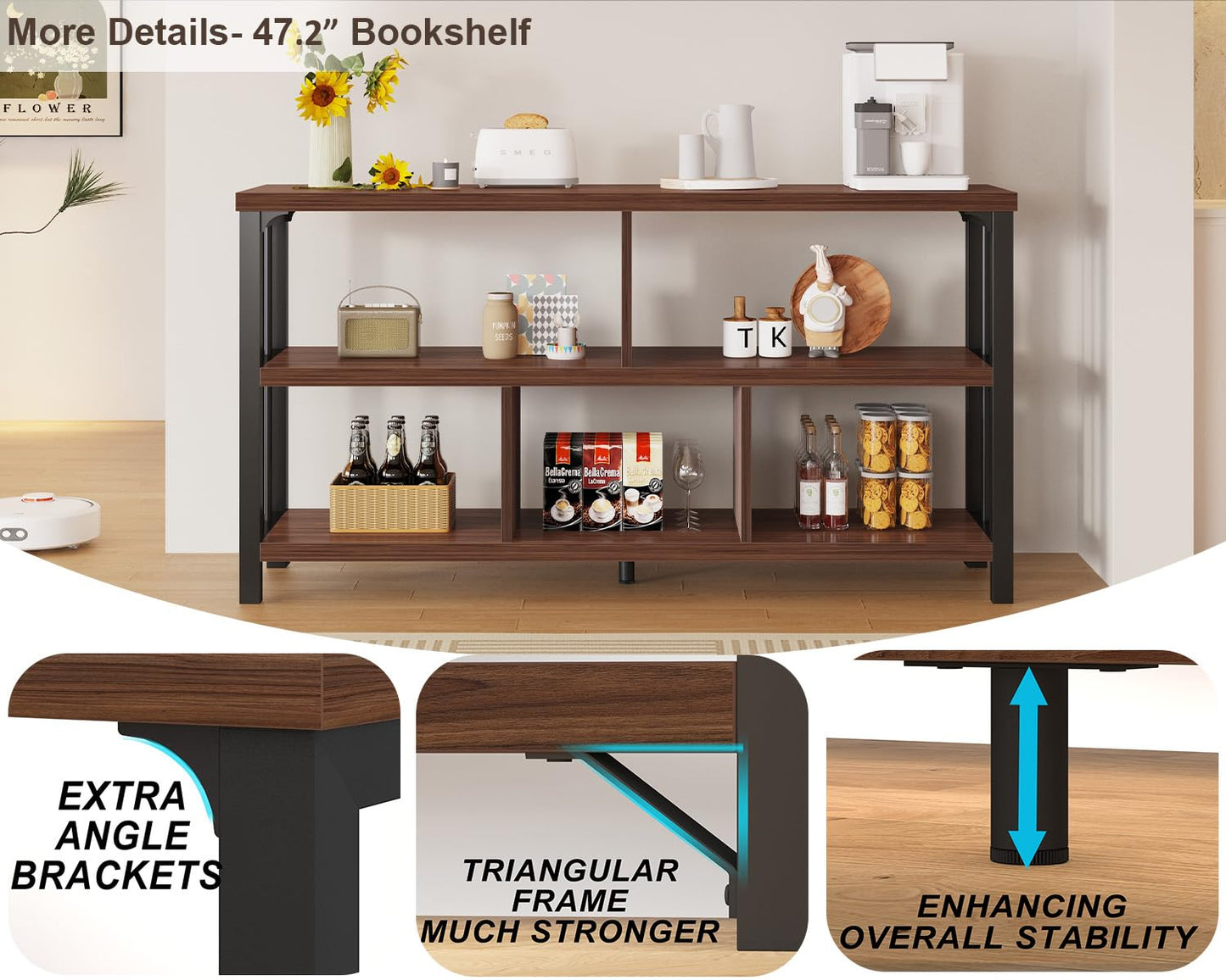 IBF Horizontal Bookshelf, Industrial 5 Cube Storage Organizer Open Shelf, Modern Wide Book Shelf for Bedroom Living Room, Rustic Wood and Metal Low Short Bookcase for Home Office, Walnut Oak, 47 Inch