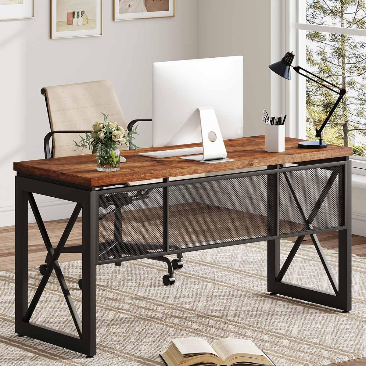 BON AUGURE 60 Inch Computer Desk for Home Office, Industrial Metal Wood Desks, Farmhouse Large Writing Table, Modern Sturdy Gaming Desk (Rustic Oak)