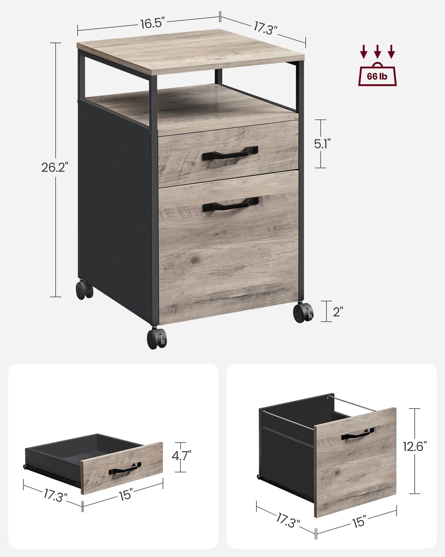 VASAGLE File Cabinet, Mobile Filing Cabinet with Wheels, 2 Drawers, Open Shelf, for A4, Letter Size, Hanging File Folders, Heather Greige and Ink Black UOFC071B02