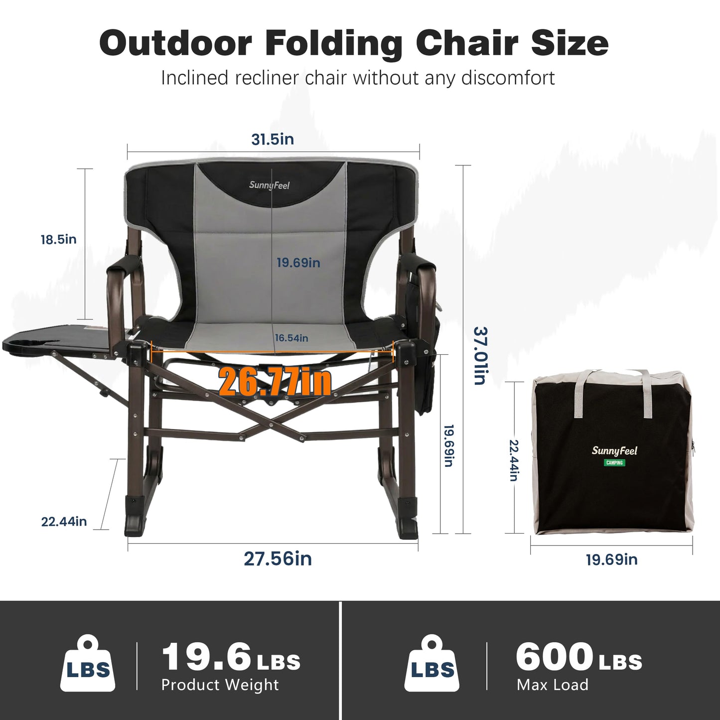 SUNNYFEEL Oversized Camping Directors Chair Black Portable Folding Chair for Adults Support 600lbs with Side Pocket and Side Table for Beach, Fishing, Trip, Picnic, Lawn, Outdoor Foldable Camp Chairs
