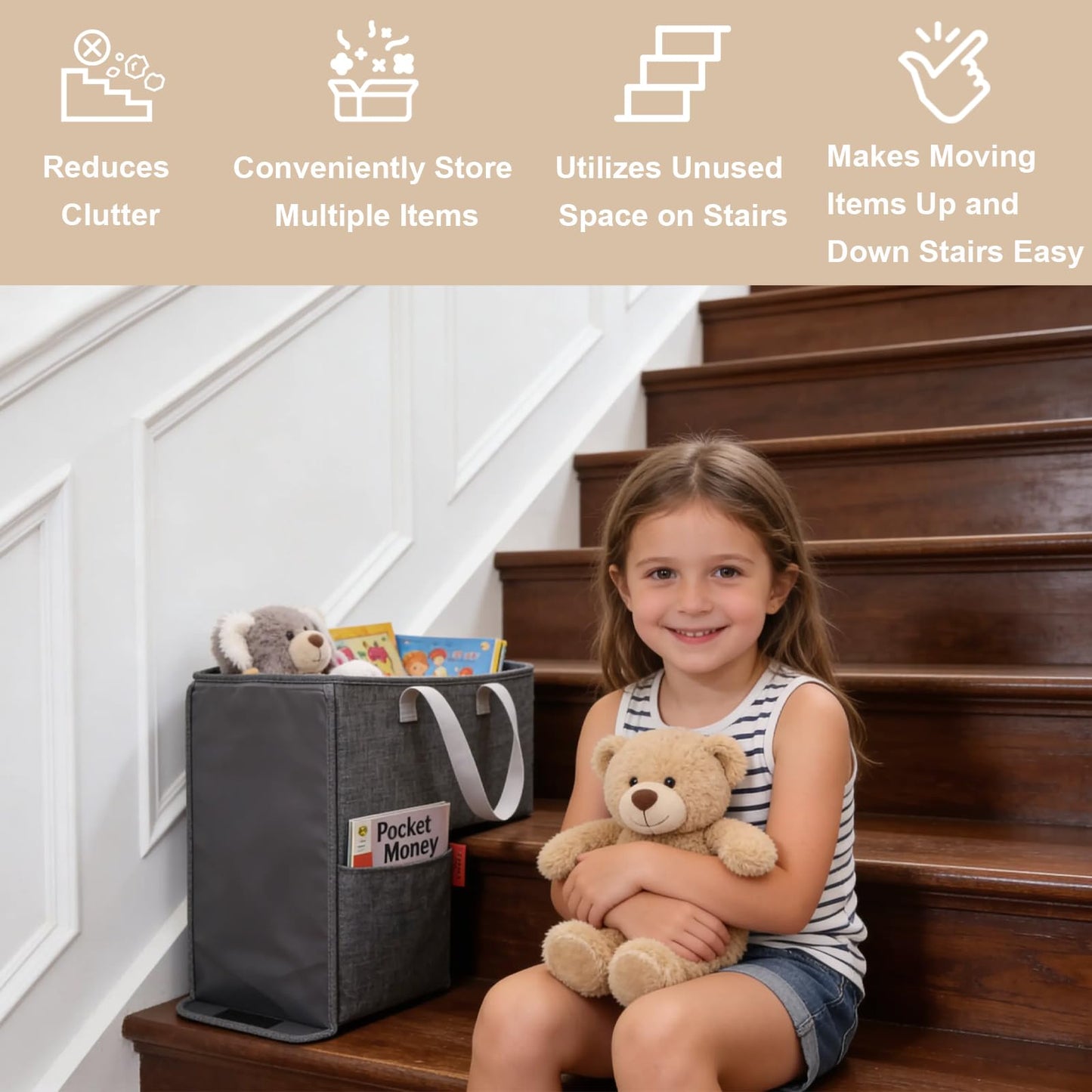 Stair Basket for Stairs with Lid 16.5" x 10.5" x 16", Collapsible Staircase Basket with Handle, Large Capacity Step Storage Basket, Stair Storage Basket for Carpet or Wood Stairs