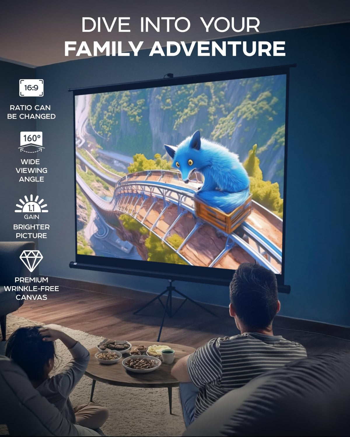 PropVue Projector Screen with Stand 100 inch - Indoor and Outdoor Projection Screen for Movie or Office Presentation - Adjustable from 16:9 to 4:3 HD Premium Wrinkle-Free Tripod Screen