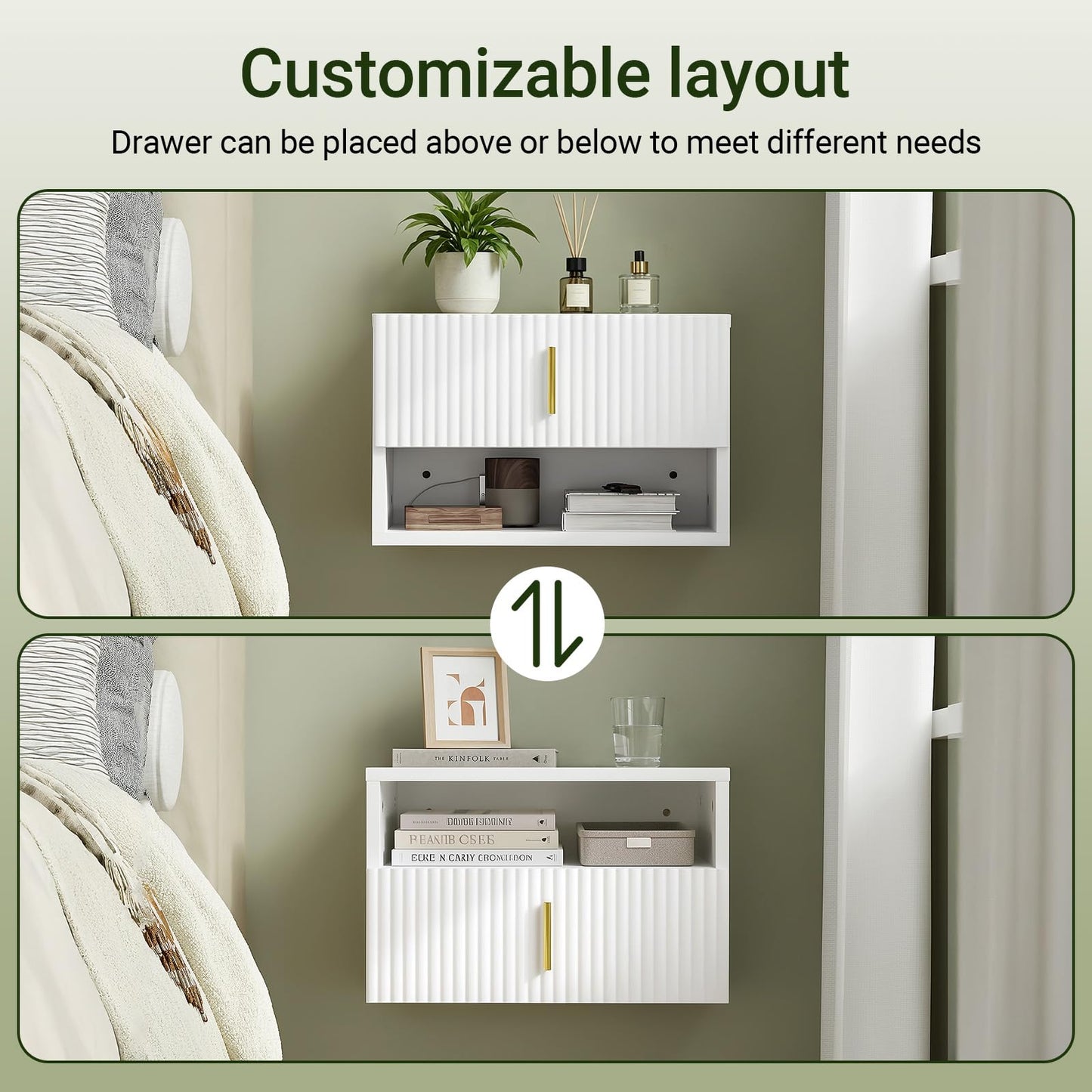 SoBuy Floating Nightstand with LED Sensor Light – Slim Wall Mounted Bedside Table with Drawer and Open Shelf, Modern Narrow White Nightstand for Small Bedrooms and Dorms, FBT176-E-W