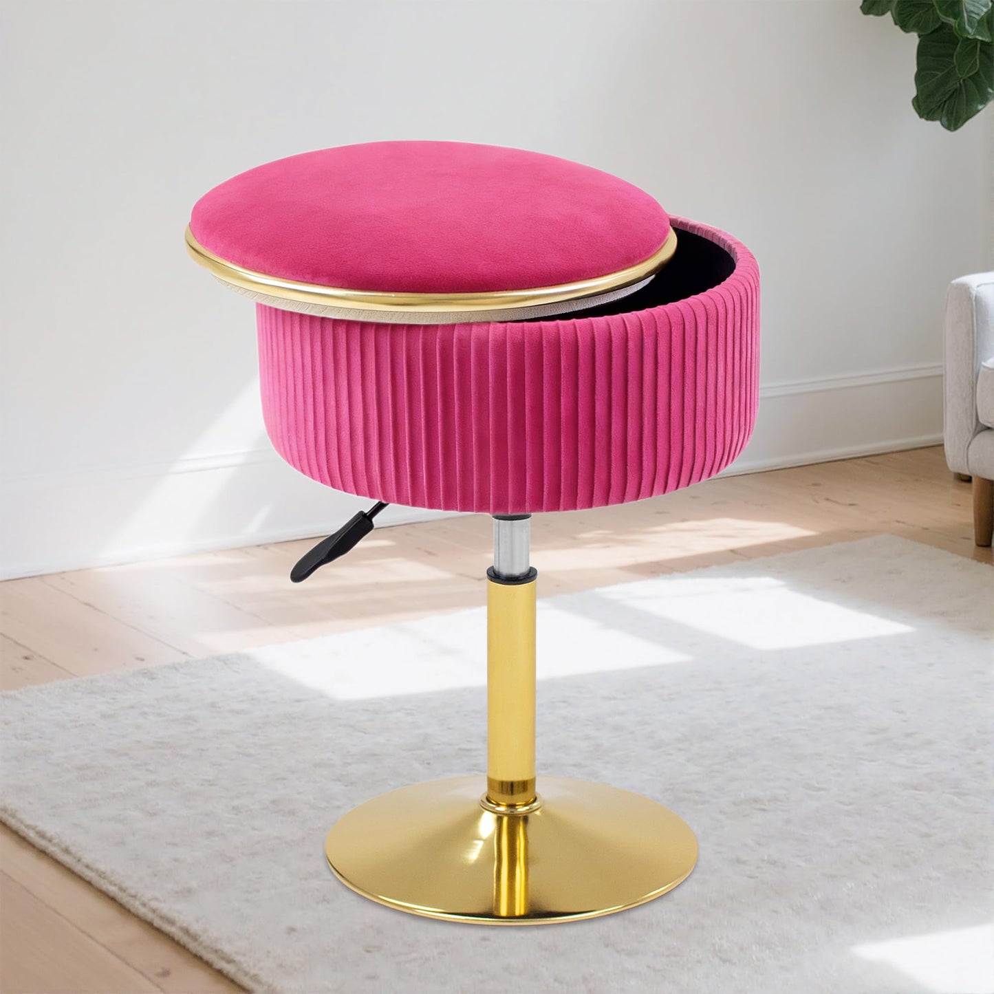 MRITWAII Adjustable Vanity Stool with Storage, 360° Swivel Makeup Stool Chair Small Velvet Round Ottoman with Gold Base for Bedroom (Hot Pink)