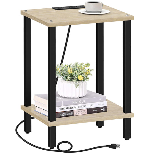 TUTOTAK End Table with Charging Station, Small Side Table with Outlets, Nightstand Bedside Table, 2-Tier Storage Shelf for Small Space, Living Room, Bedroom, Oak TB01BO040