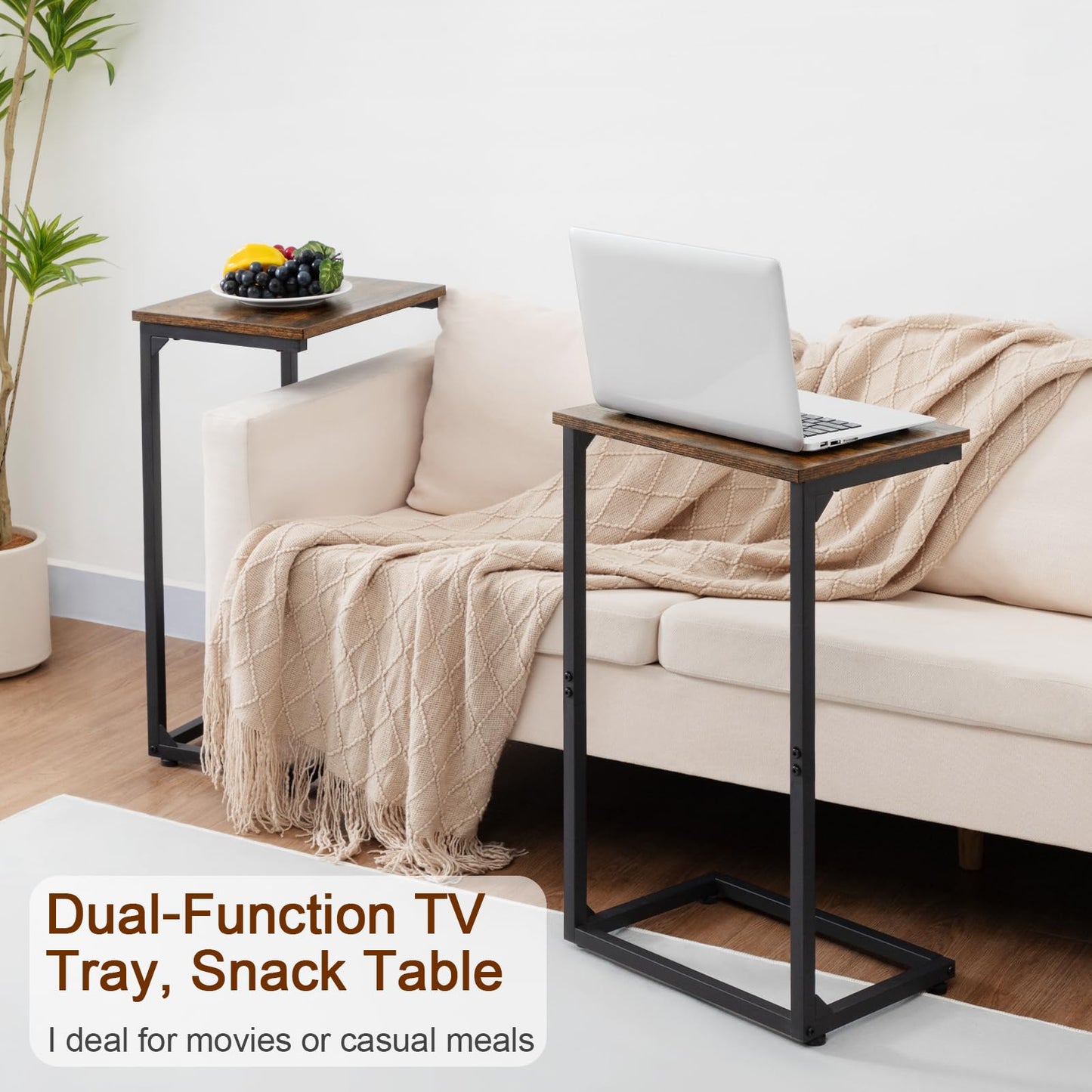 AMHANCIBLE C Shaped End Tables Set of 2, Couch Side Tables that Slide Under Sofa, Slim TV Trays for Living Room and Bedroom, Narrow Space Saving Laptop Workstation, Rustic Brown, HET02BBR