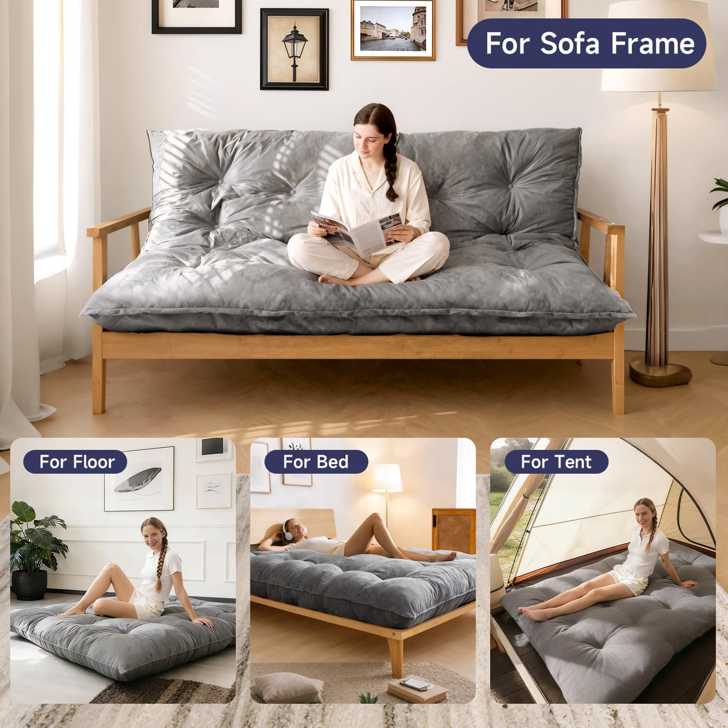 KOSRLY 6" Futon Mattress Full Size, Tufted Futons Sofa Couch Bed with Twisted Rope Design Edging,Versatile Floor Mattress for Adults，Shredded Foam Filling (Frame Not Included Gray, Queen)