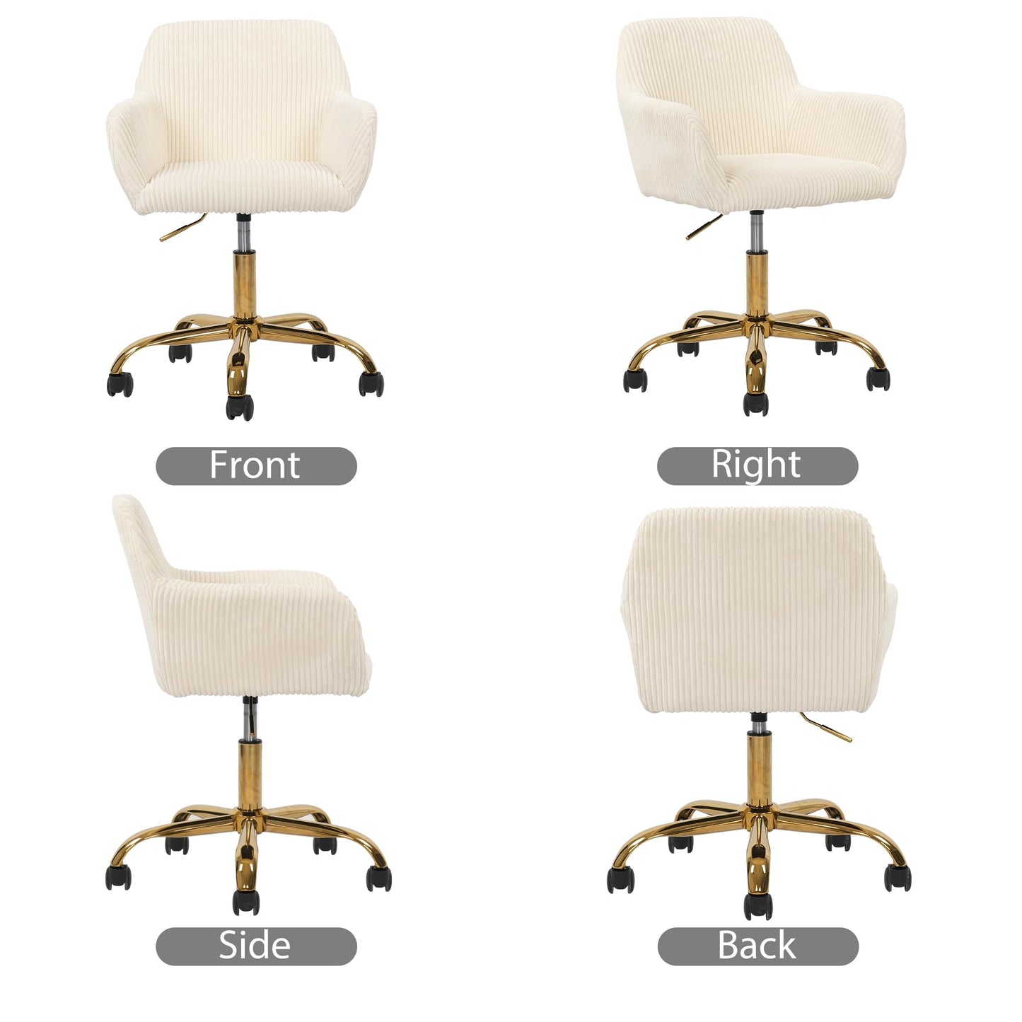 KCC Corduroy Fabric Vanity Makeup Desk Chair, Fluffy Swivel Modern Armchair with Wheels, Upholstered Fuzzy Height Adjustable for Girls Home Office, Beige