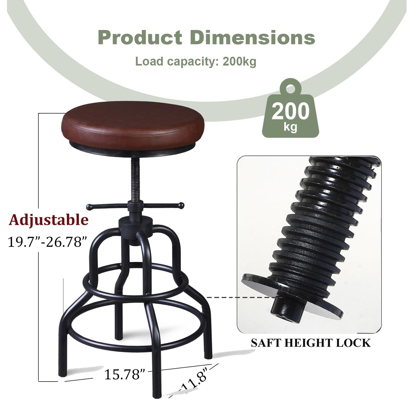 LOKKHAN Industrial Bar Stools-Swivel Leather Metal Bar Stool-20-27 Inch Tall Counter Height-Adjustable Kitchen Stool Dining Chair Cafe Stools (Set of 2)