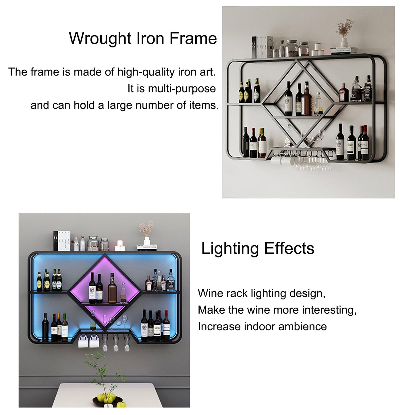 Wall Mounted Wine Rack with Glass Holder and Liquor Cabinet - Home Bar Furniture for Wine Storage - Hanging Wine Glass Rack and Bottle Display Shelf for Cafe Kitchen