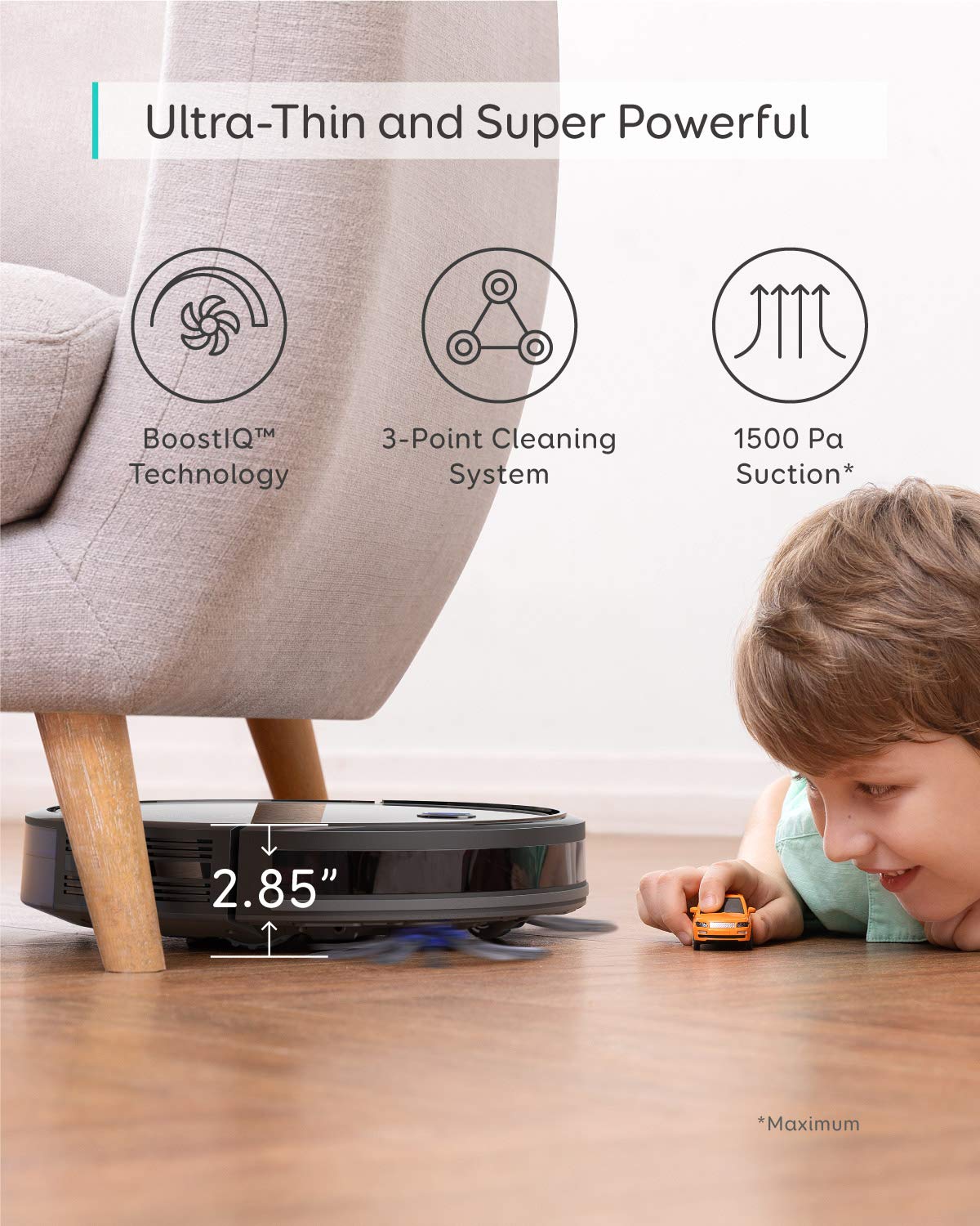 Eufy BoostIQ RoboVac 30C, Robot Vacuum Cleaner, Wi-Fi, Super-Thin, 1500Pa Strong Suction, Boundary Strips Included, Self-Charging Robotic Vacuum Cleaner (Renewed)
