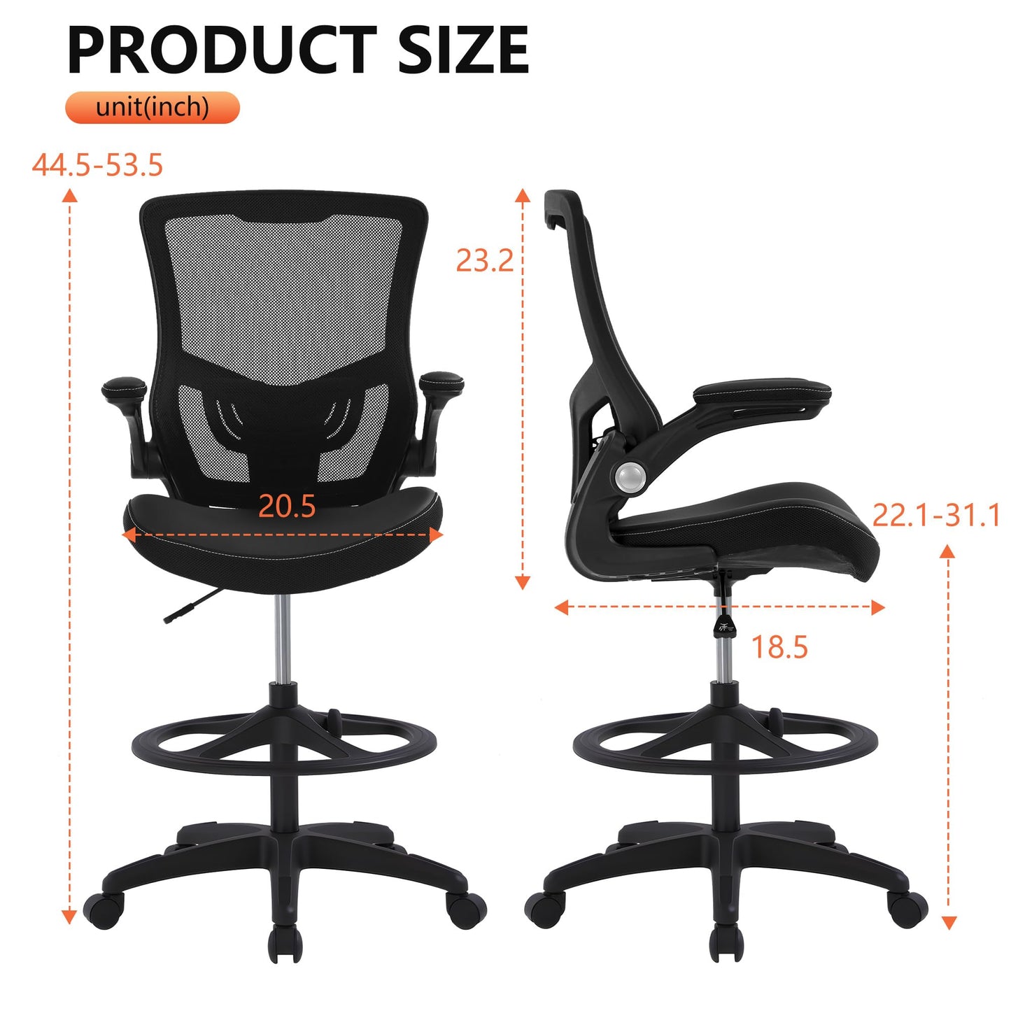 BestOffice Drafting Chair Ergonomic Tall Office Chair Standing Desk Chair with Flip Up Arms Foot Rest Back Support Adjustable Height Mesh Drafting Stool, Dark Black