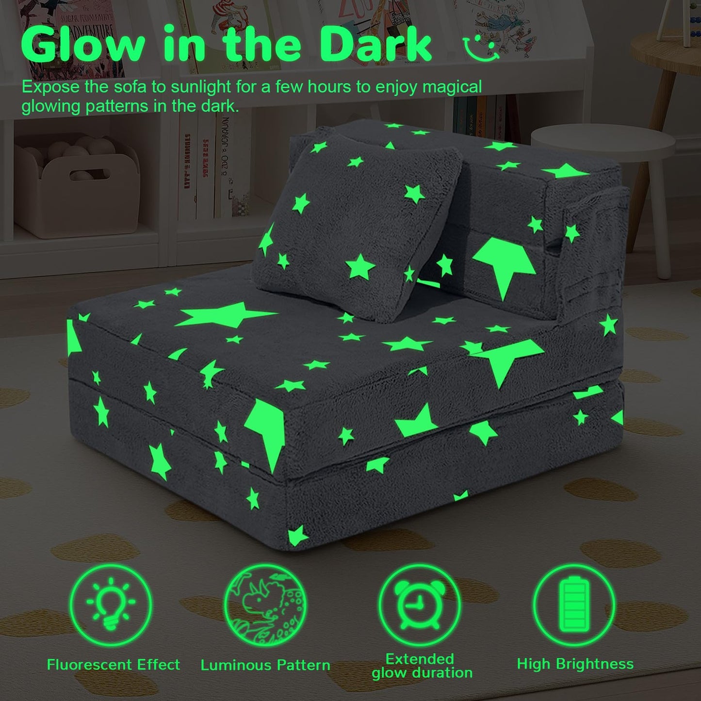 MeMoreCool Kids Tri-Fold Sofa Bed – Glow Star Floor Mattress & Foldable Futon Chair Convertible Toddler Couch | Soft Plush Lounge Mat | Playroom Furniture | Includes Pillow