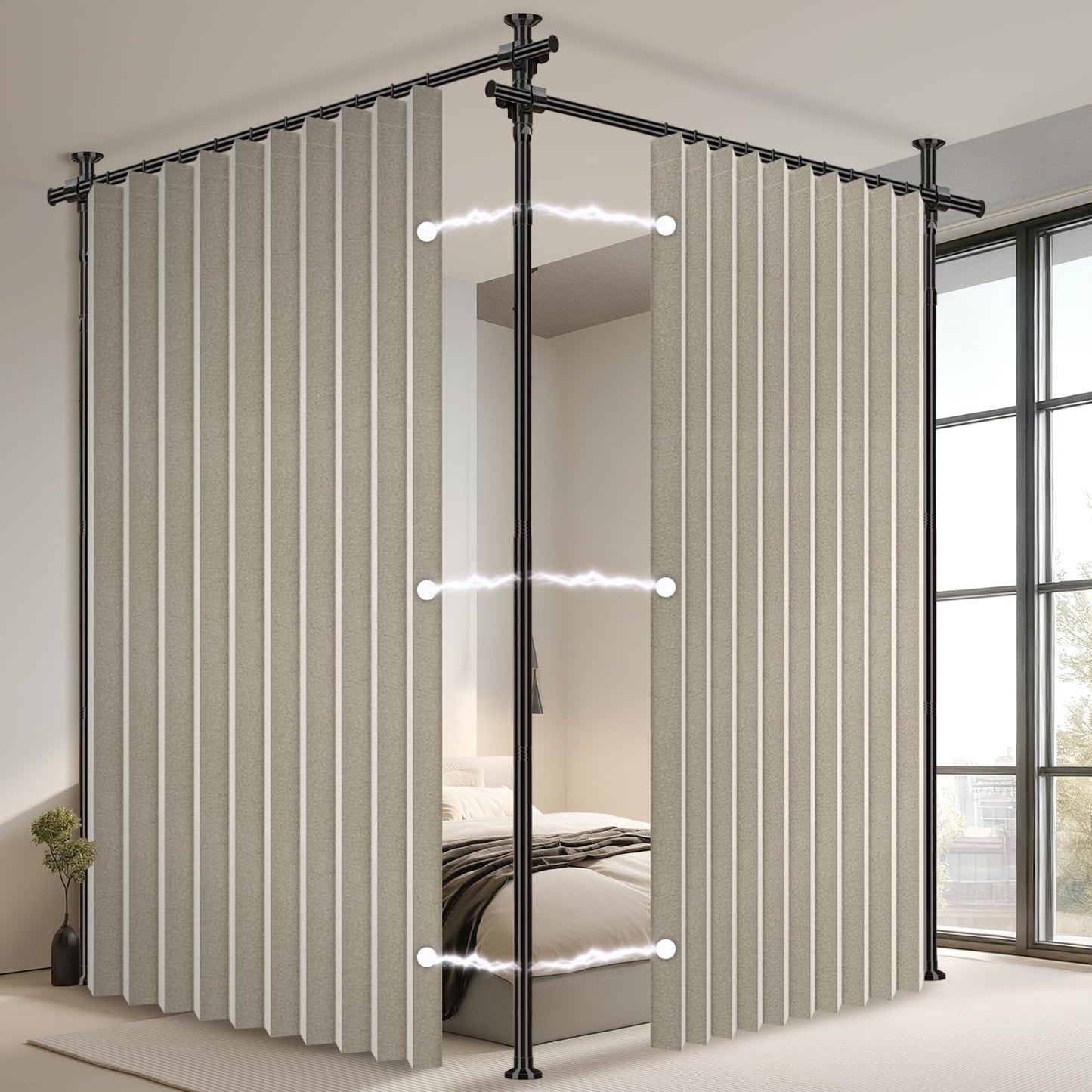 AJAZZ 100% Blackout Room Divider Curtains Sets Cream White 2 Panels W100 x L96in No Drill Curtain Rods(H) 43-120×(W) 35-200 in for Bedroom Privacy Partition Separator