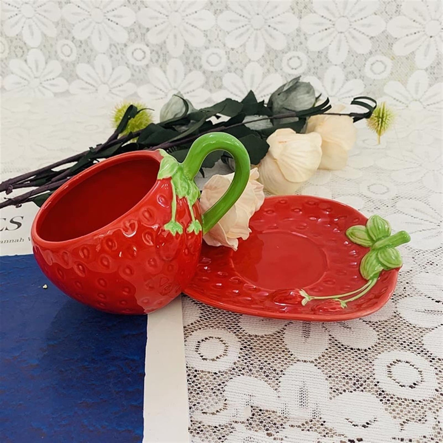 Strawberry Ceramic Cup Red Coffee Cup and Saucer Set Office Coffee Cup Tea Set Cafe Restaurant(201300ml) ()